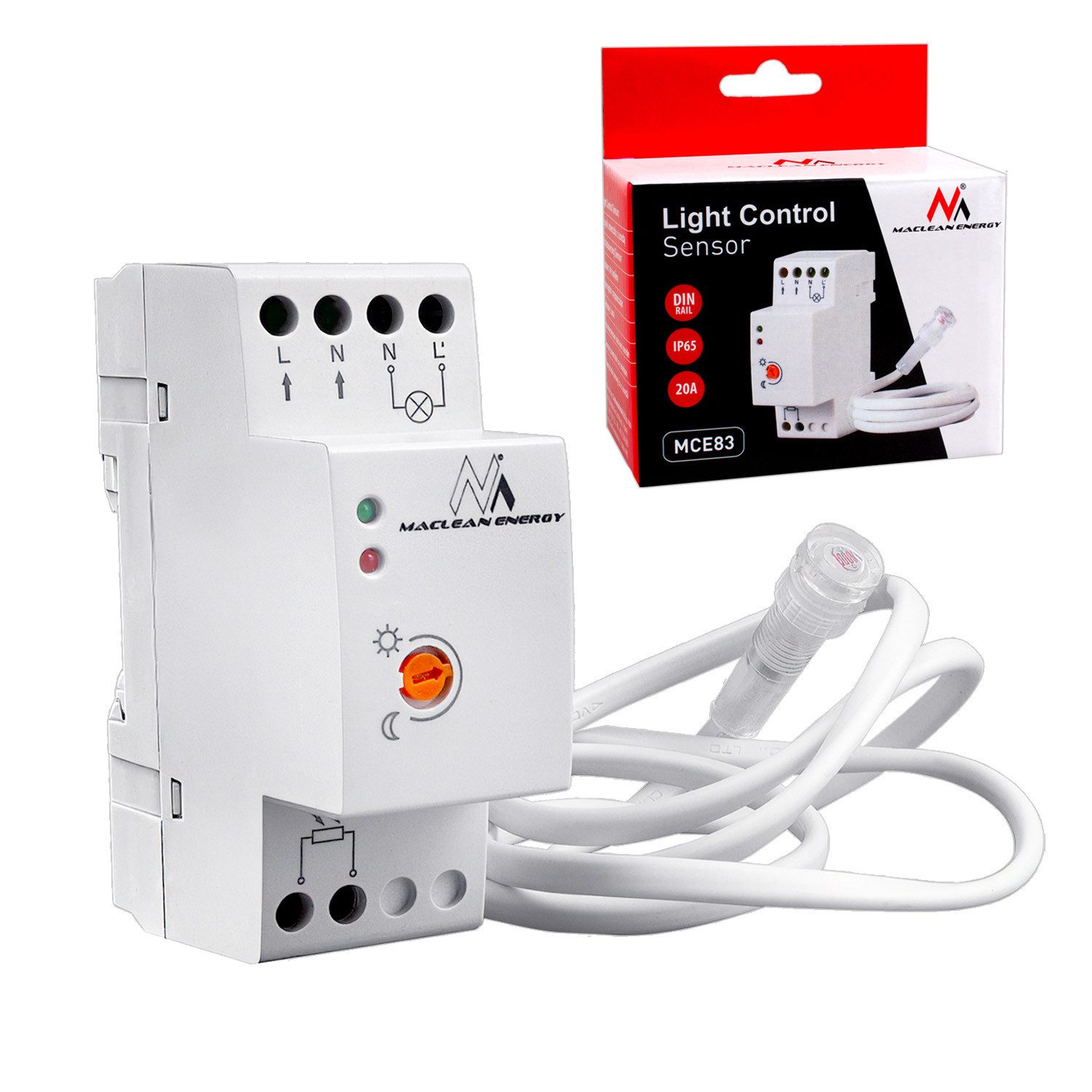 Maclean Sensor MCE83 Dämmerungsschalter mit externem Sensor – 3000W, (1-St), DIN-Schiene, Lichtsensor für LED Außenbeleuchtung