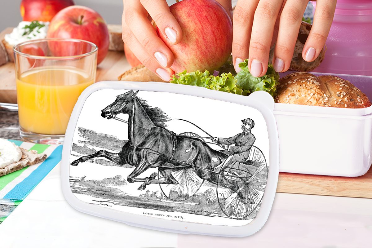 MuchoWow Lunchbox Eine Illustration für und der für eines Erwachsene, Pferdes in Kinder Trabrennbahn, Brotbox weiß Mädchen Brotdose, und Jungs (2-tlg), Kunststoff