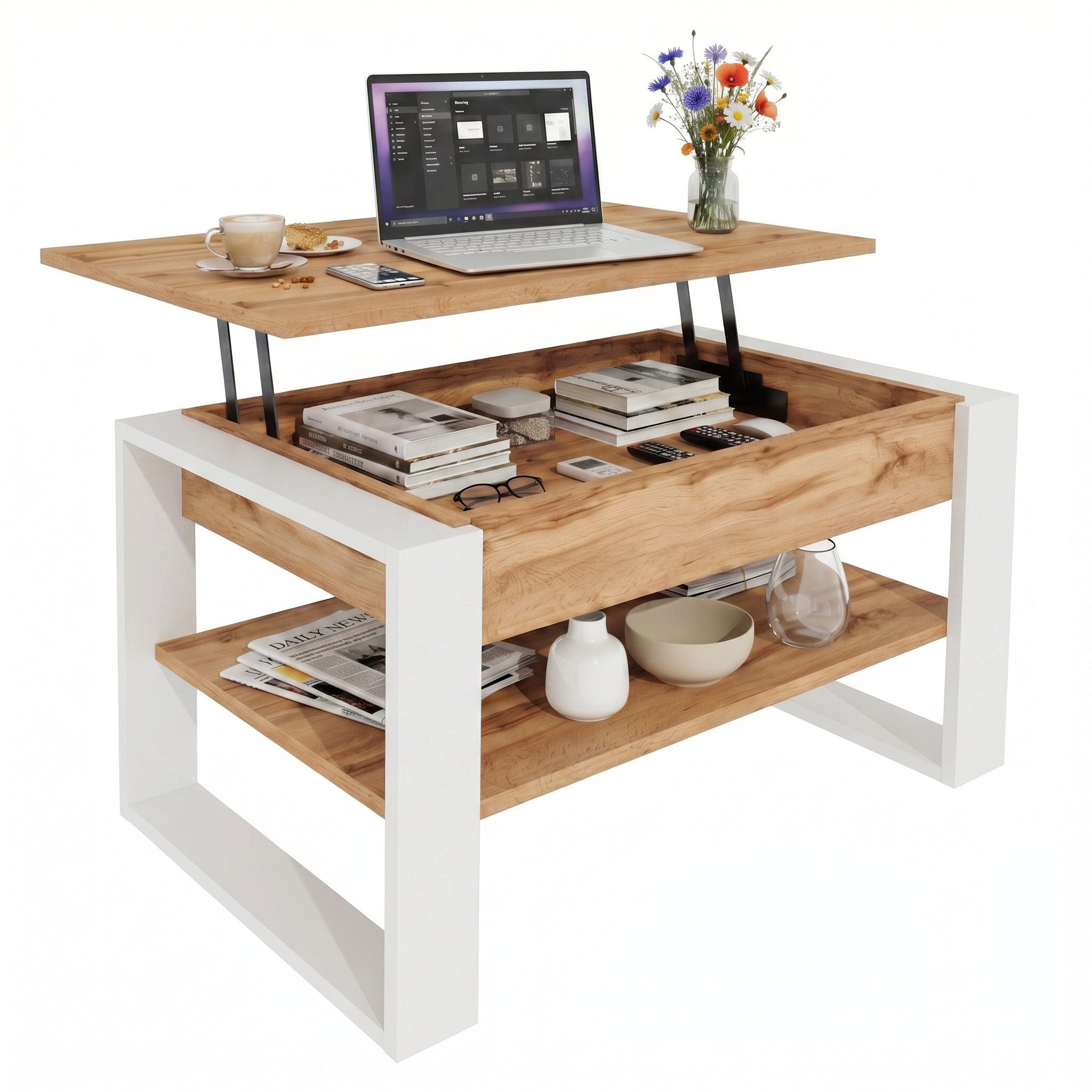 TREND WERK Couchtisch Lift-Couchtisch höhenverstellbar Sofatisch 92×55 cm mit Stauraum (verstecktem Fach Wohnzimmertisch Holz modern)