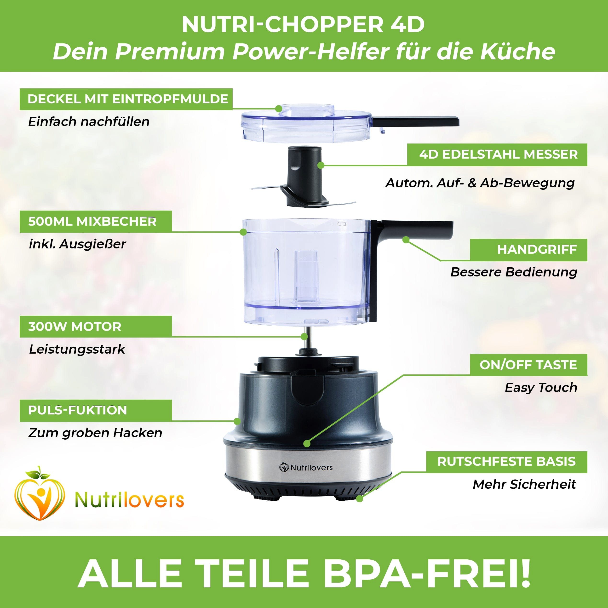 Nutrilovers Zerkleinerer Auto-Blade Multizerkleinerer elektrisch - Kompakt - BPA-frei, 300 W