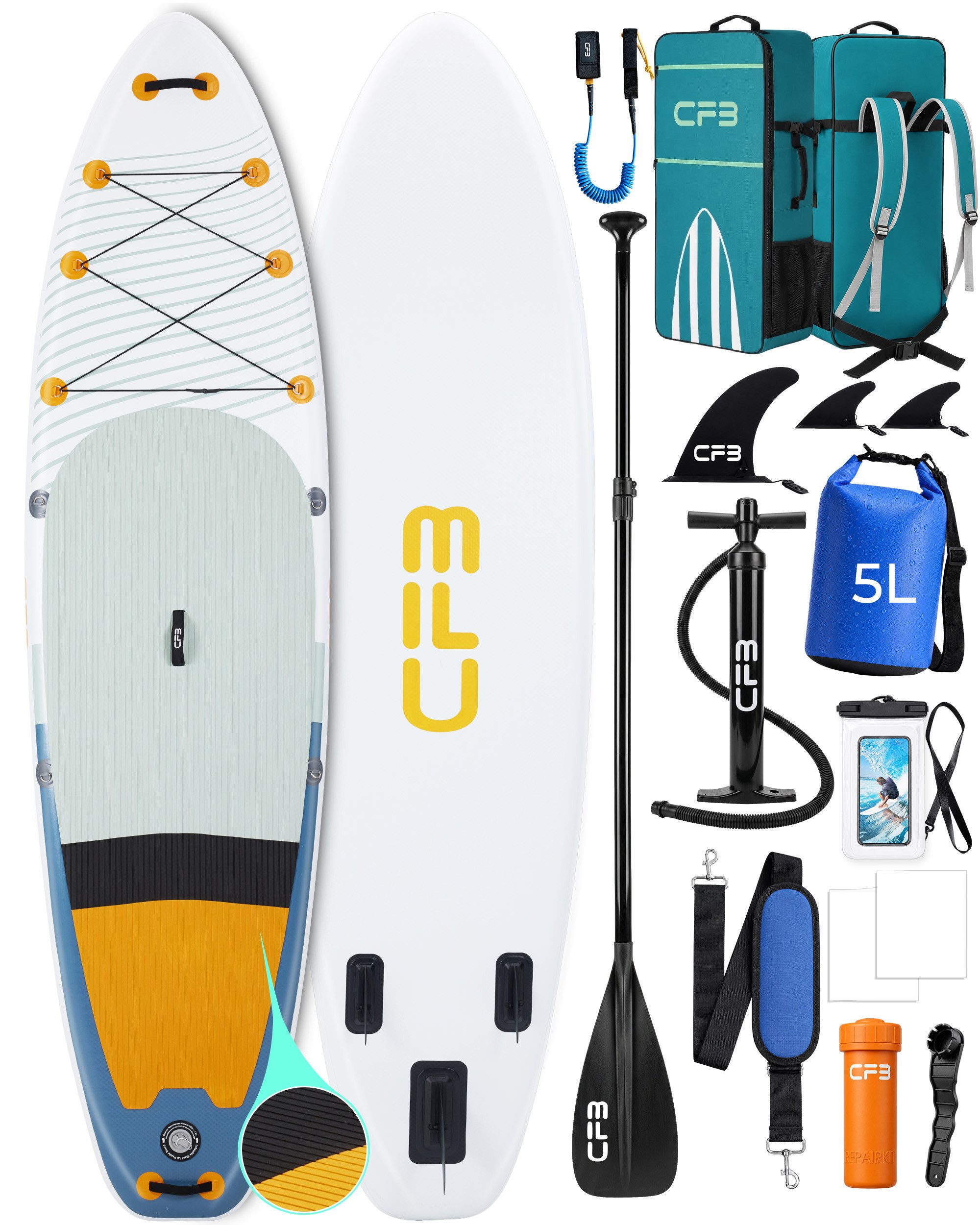 CFB SUP-Board XL 335x86x15 cm, extra breites Stand Up Paddle Board, aufblasbares iSUP, (Komplett-Set, mit Paddel, Pumpe, Rucksack, Leash, Dry Bag, Handyhülle & Schultergurt), 200 kg Traglast, für Anfänger & Erwachsene