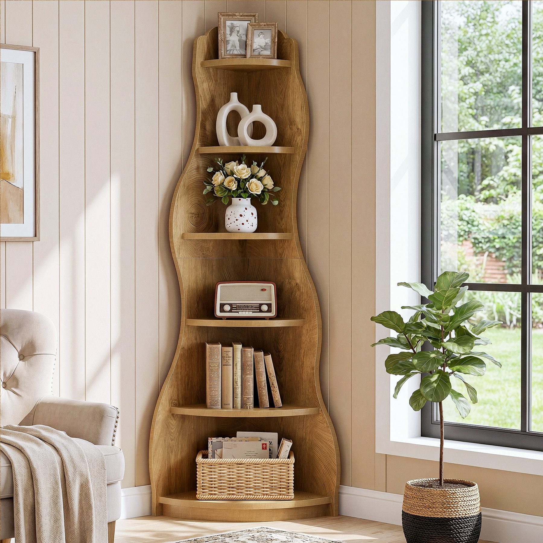 Tribesigns Eckregal 6-stufiges Ecke Bücherregal, 175cm Standregal Aufbewahrungsregal, Wellen-Design Bücherregal aus Holz