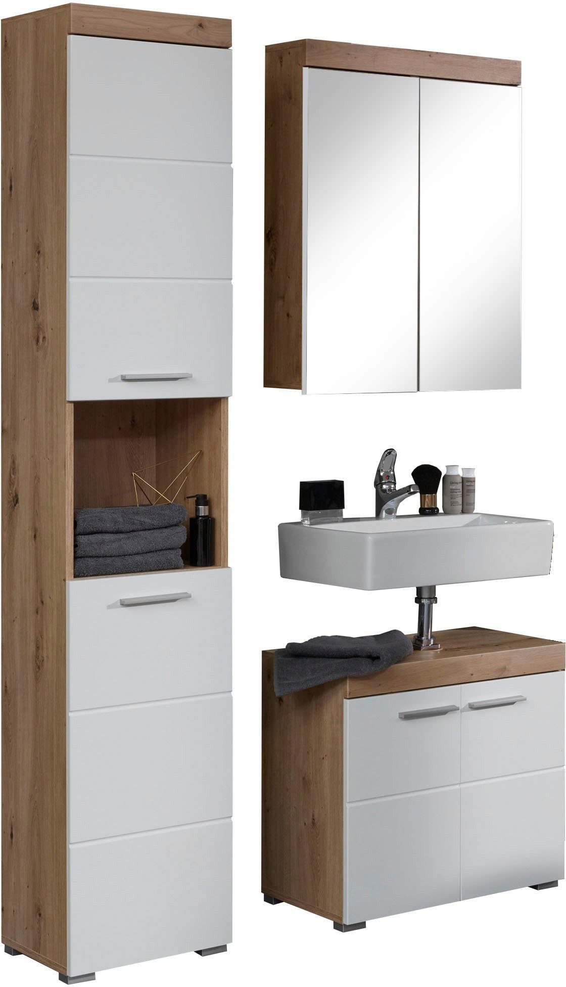 welltime Badmöbel-Set Avena, (Set, 3-St), Badmöbel-Set: Hochschrank, Spiegelschrank & Waschbeckenunterschrank