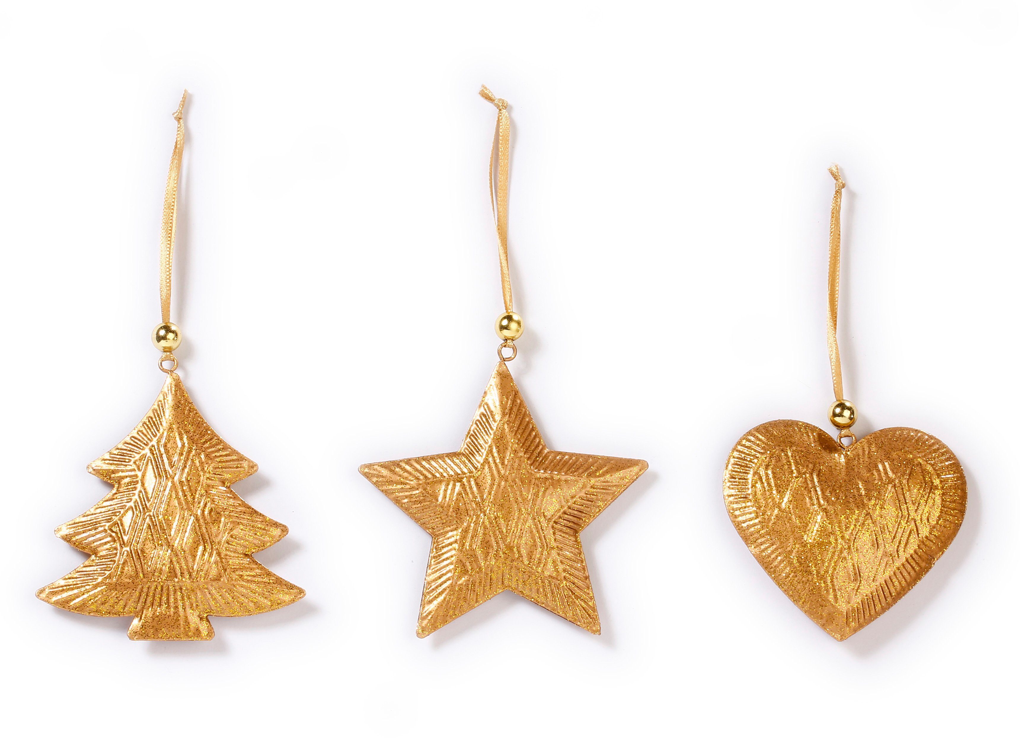 CHRISTMAS GOODS by Inge Baumbehang Herz, Stern, Baum, Weihnachtsdeko, Christbaumschmuck (Set, 6 St), 3-fach sortiert, goldfarben