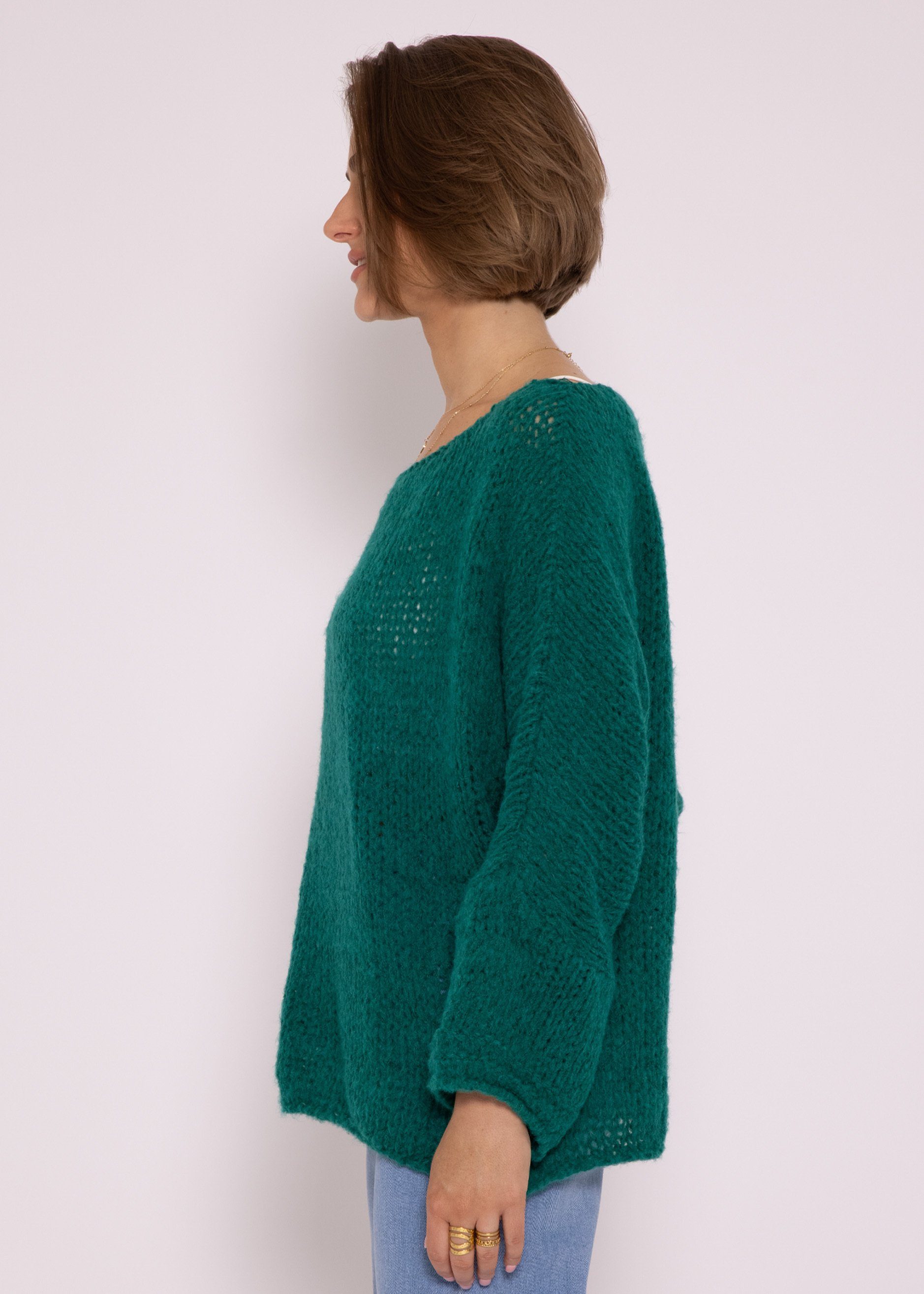 Grün SASSYCLASSY Oversize Made Pullover mit Rundhals-Ausschnitt, Lässiger Italy Strickpullover Strickpullover in Grobstrick Damen weichem lang aus