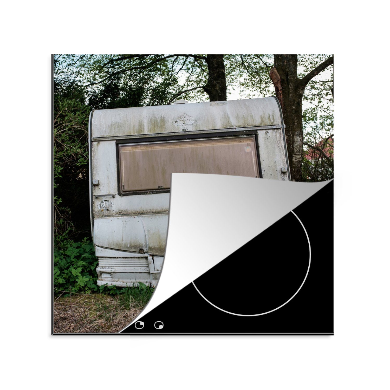 MuchoWow Herdblende-/Abdeckplatte Wohnwagen - Verlassen - Wald, Vinyl, (1 tlg), 78x78 cm, Ceranfeldabdeckung, Arbeitsplatte für küche