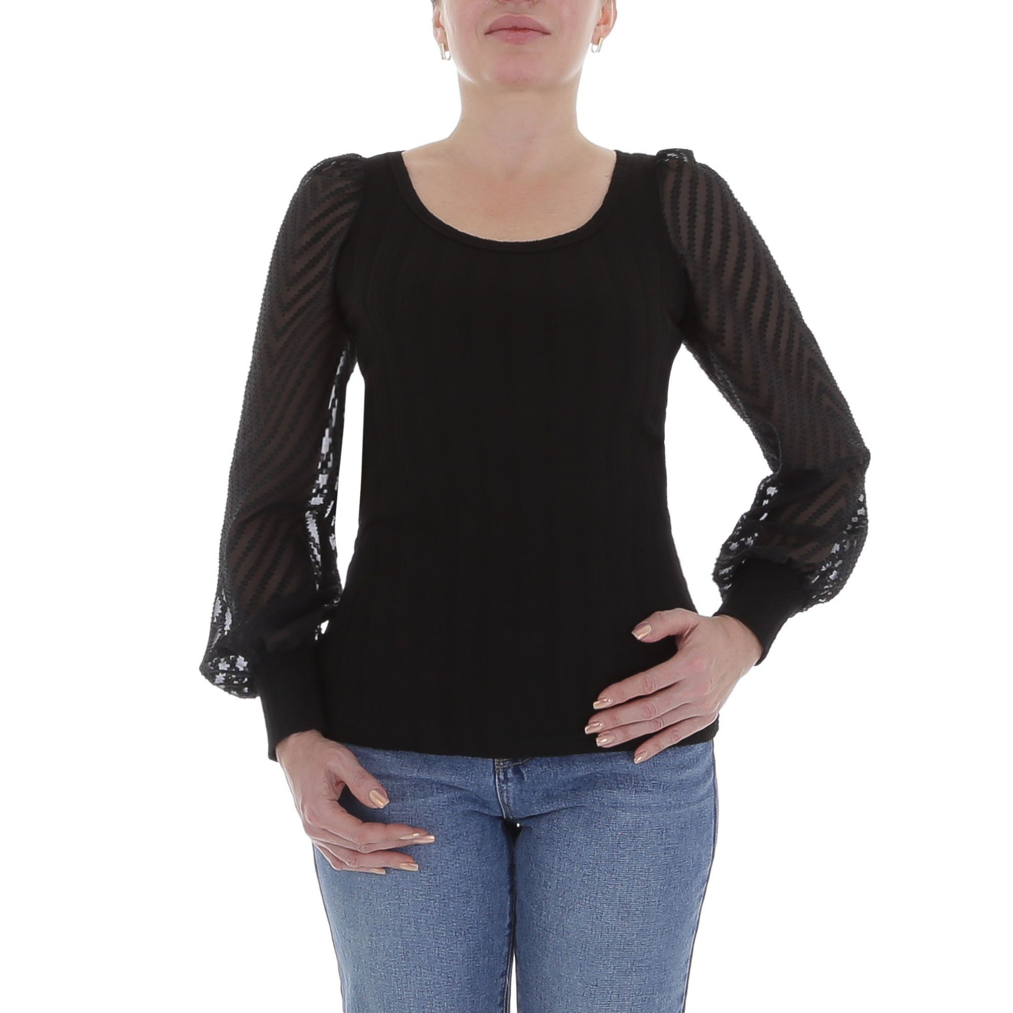 Ital-Design Langarmbluse Damen Elegant Transparent Top & Shirt in Schwarz