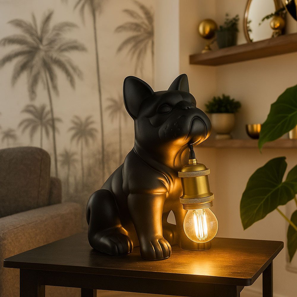 GLOBO LIGHTING Nachttischlampe, Leuchtmittel nicht inklusive, Tischleuchte Nachttischlampe Hundelampe Keramik Metall Schwarz matt H