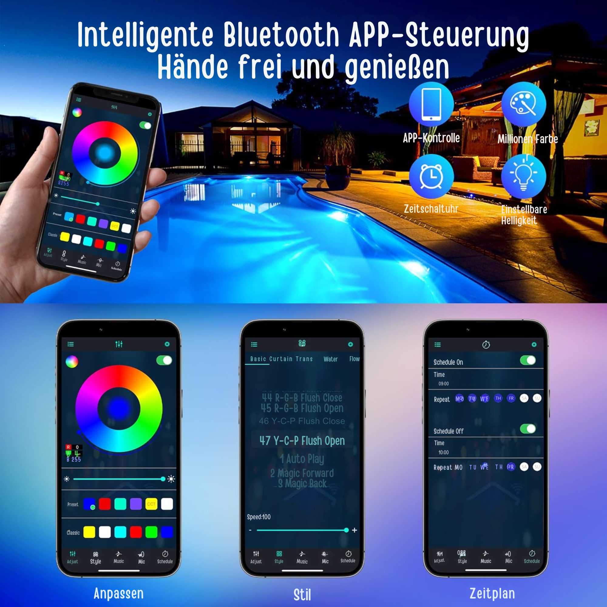 Vivitar Pool-Lampe 15W Poolbeleuchtung IP68 Wasserdicht & Dimmbar mit Magnet, LED fest integriert, RGB, APP-Steuerung - Farbwechselnde RGB-LED-Poolbeleuchtung f – Bild 4 von 5