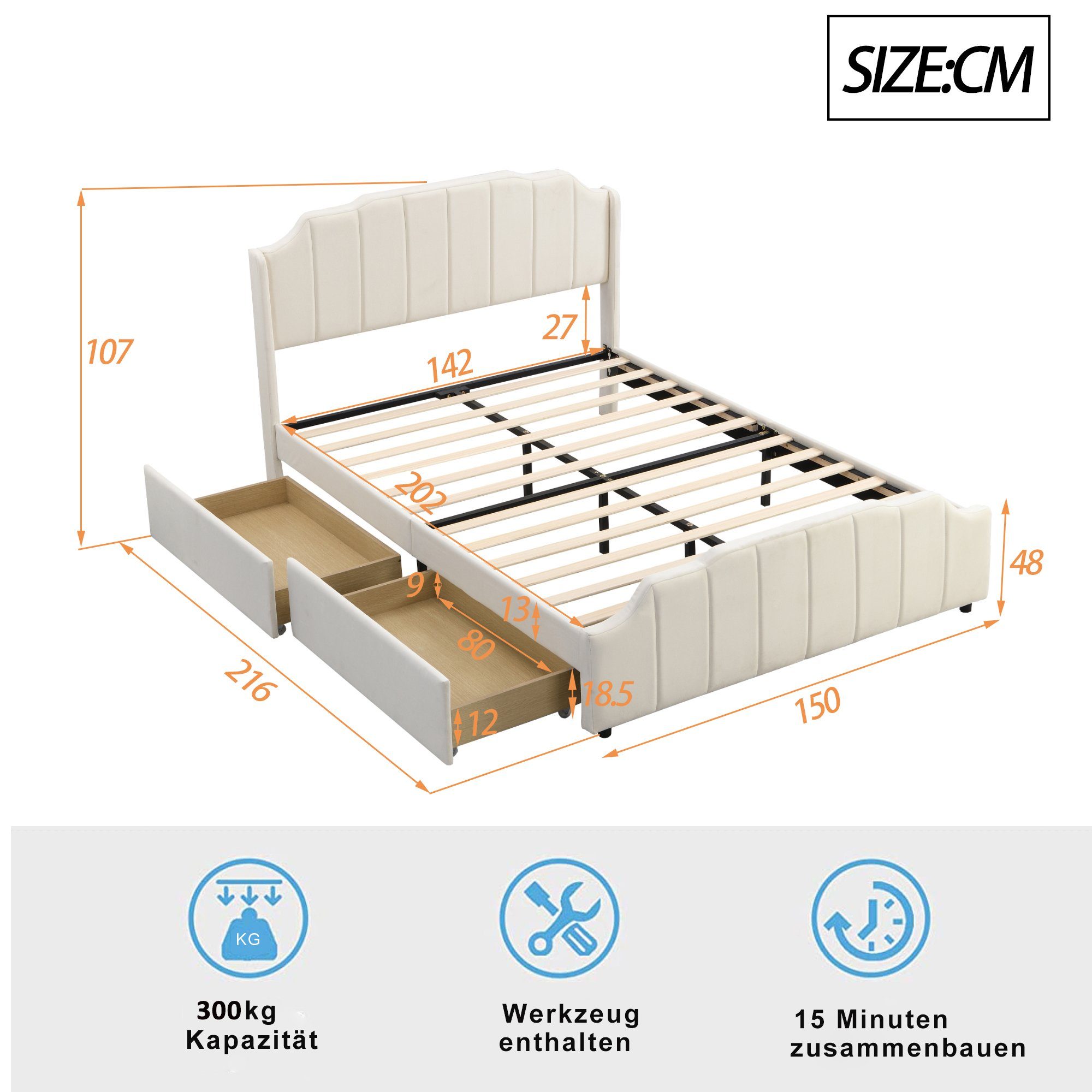 Polsterbett (Kinderbett), Doppelbett 140x200cm mit 2 Schubladen & Lattenrost, weicher Samt-Bezug
