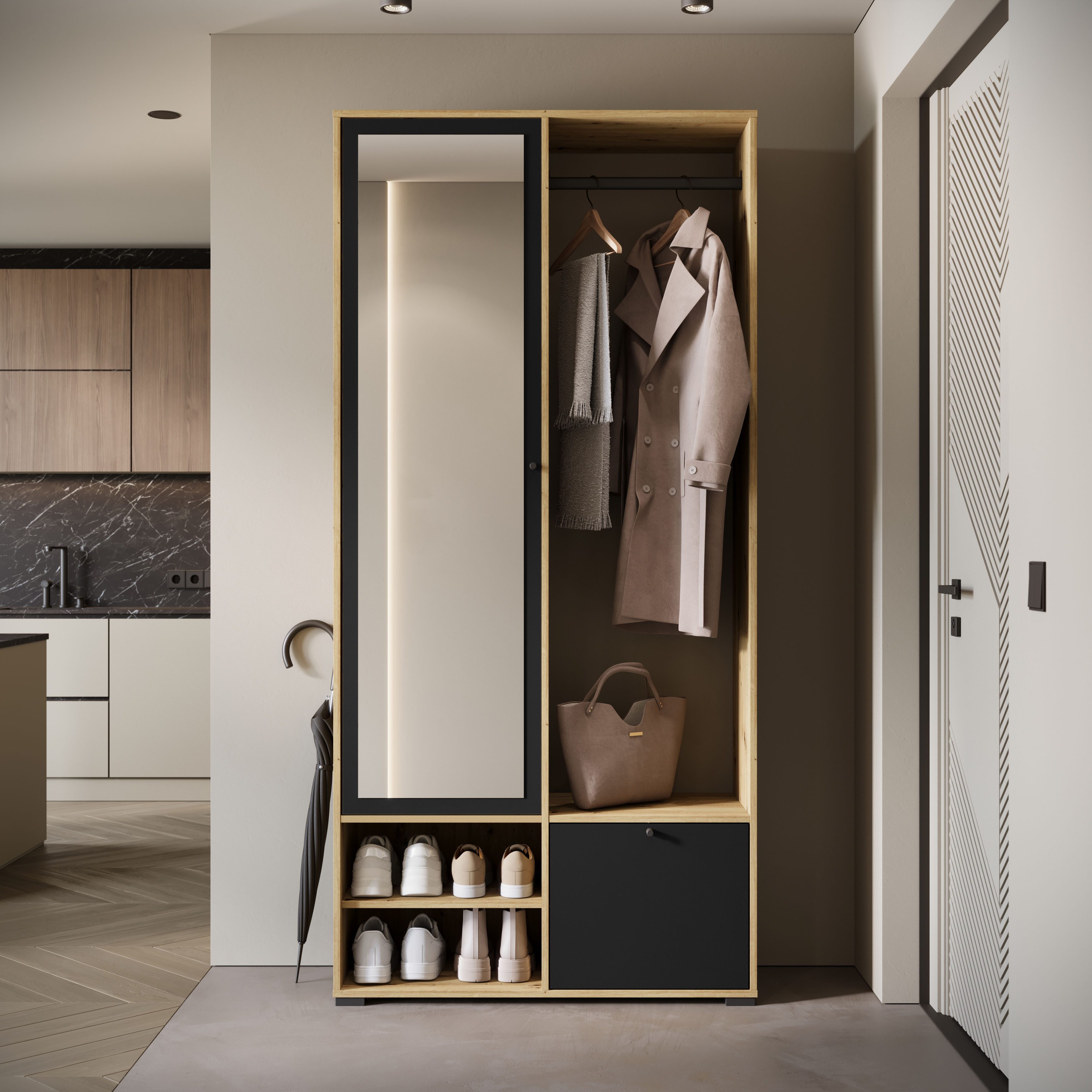 Home affaire Garderobenschrank DINO Kompaktgarderobe, Garderoben-Set DINO Mit Spiegel und Kleiderstange, 90 cm breit, Türanschlag wechselbar