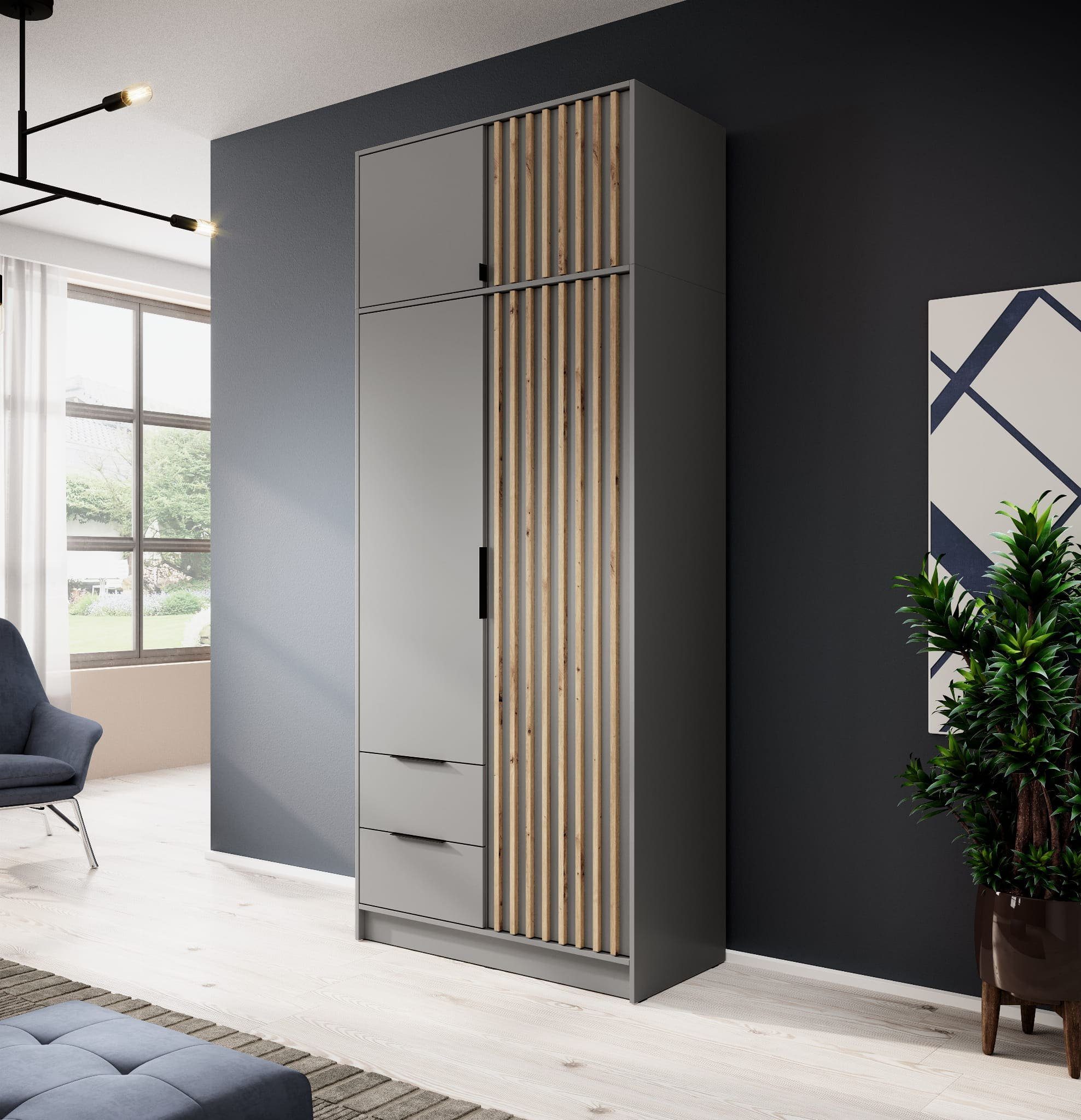 MOEBLO Kleiderschrank JOHN mit Erweiterung (Latten aus Holz, Loft Stil IndustrieSchrank Aufbewahrungsschrank (Spannstange) mit Regalböden, Schlafzimmerschrank m – Bild 3 von 5