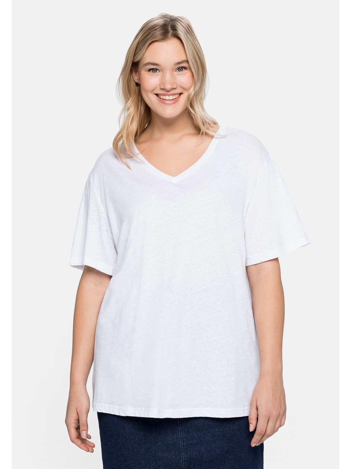 T-Shirt Große Sheego weiß aus edlem Leinen-Viskose-Mix Größen