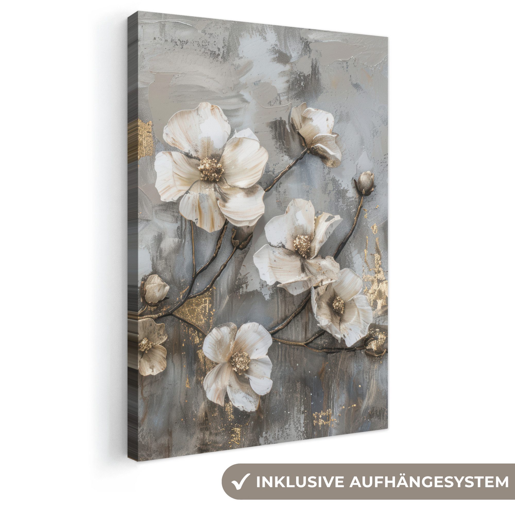 OneMillionCanvasses® Leinwandbild Blumen - Weiß - Grau - Gold - Luxus, Fotodruck (1 St), Leinwand Canvas Wandbild, Wanddekoration 20x30 cm