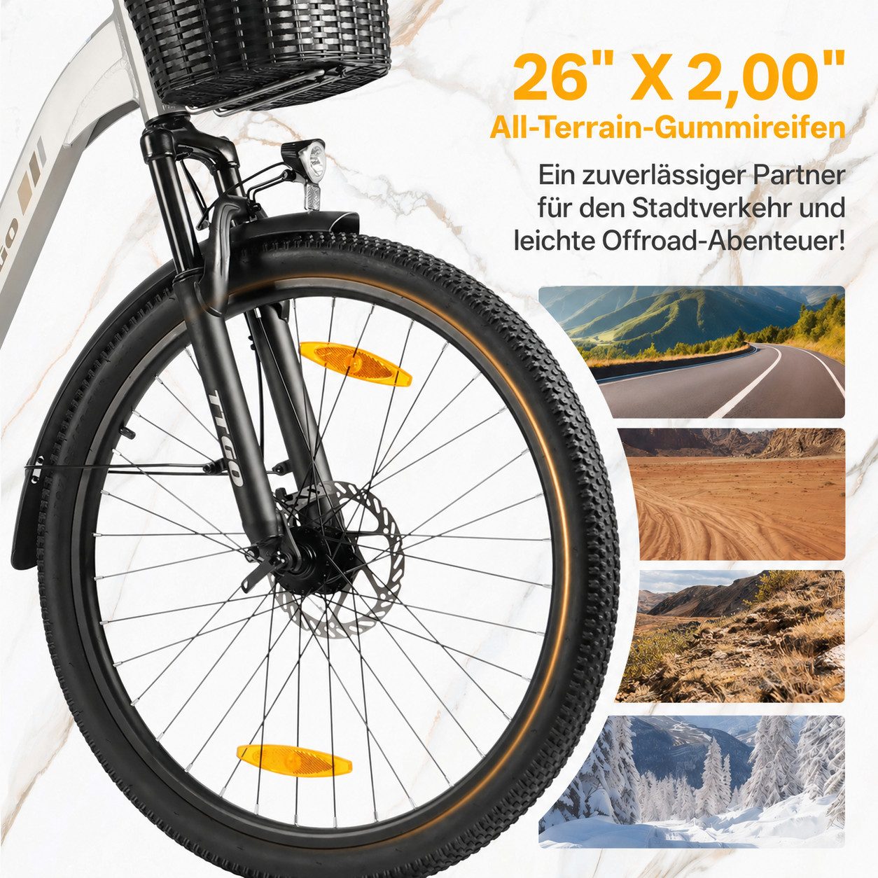 TTGO E-Bike Cityrad 26 Zoll Elektrofahrrad, 80-120km, mit Frontkorb und Gepäckträger, 7 Gang SHIMANO, Kettenschaltung, Heckmotor, 650 Wh, (bis zu 125kg, für ca. – Bild 5 von 5