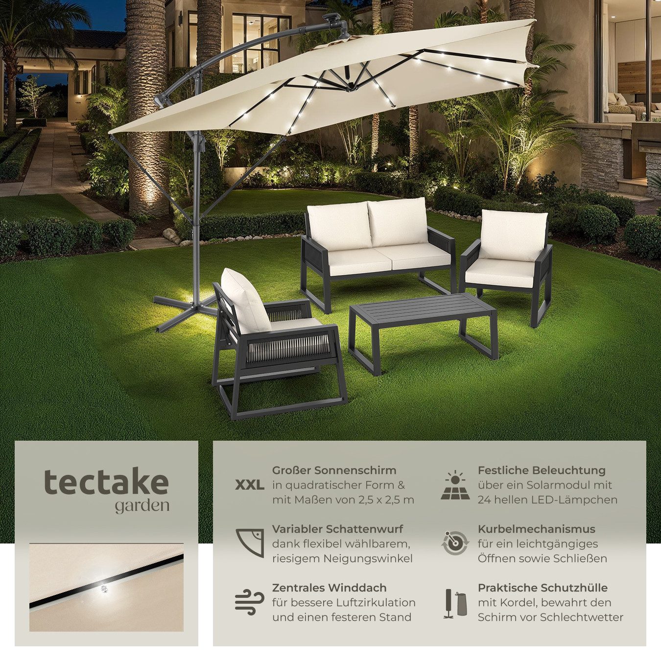 tectake Ampelschirm Sonnenschirm mit LED Solar-Beleuchtung und Winddach, 250 x 250 cm, Balkonschirm Sunna, für Außen in Beige, neigbar, wasserabweisend, inkl. Windsicherung und Schutzhülle