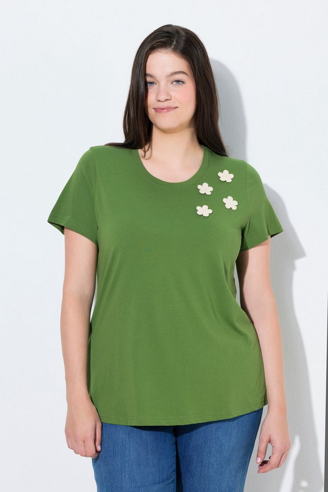 Ulla Popken T-Shirt T-Shirt Häkel-Blumen Rundhals Halbarm Biobaumwolle