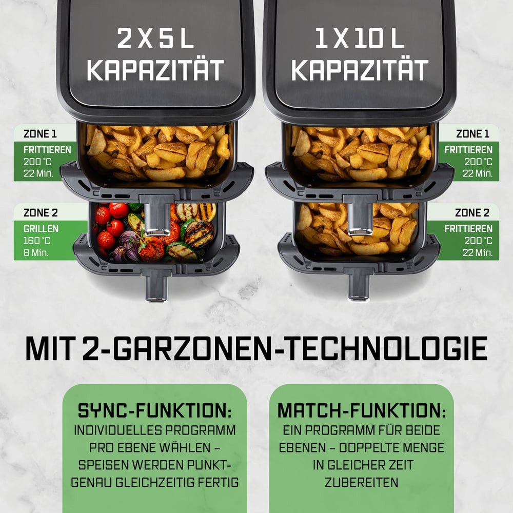 GOURMETmaxx Heißluftfritteuse FryUp Vertikaler Doppelkammer Airfryer 2x 5l, 2800 W, klappbares Touchdisplay, 32% platzsparender, Fassungsvermögen 10L