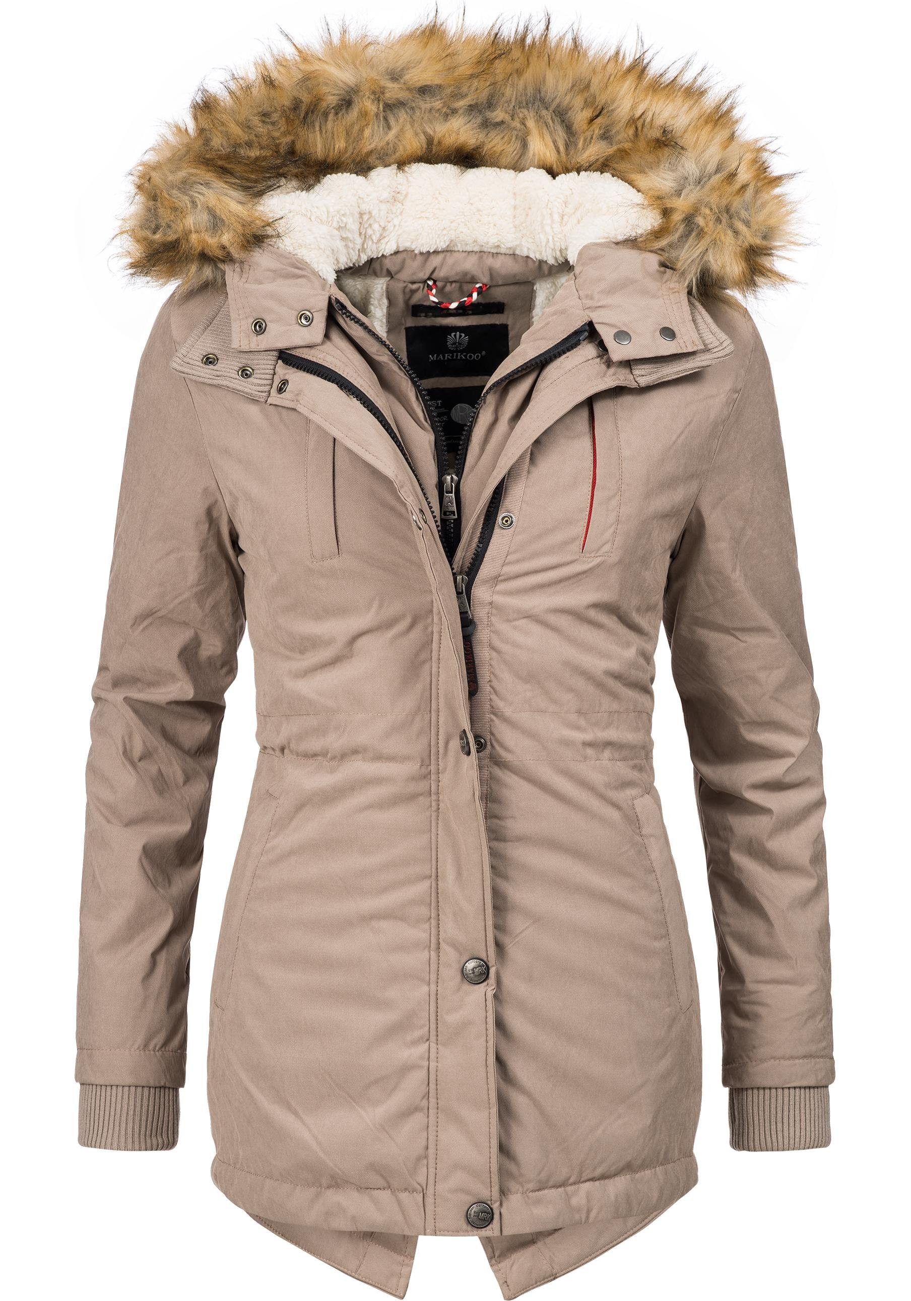 Marikoo Wintermantel Akira edler Winterparka mit Kunstfellkapuze taupe | Mäntel