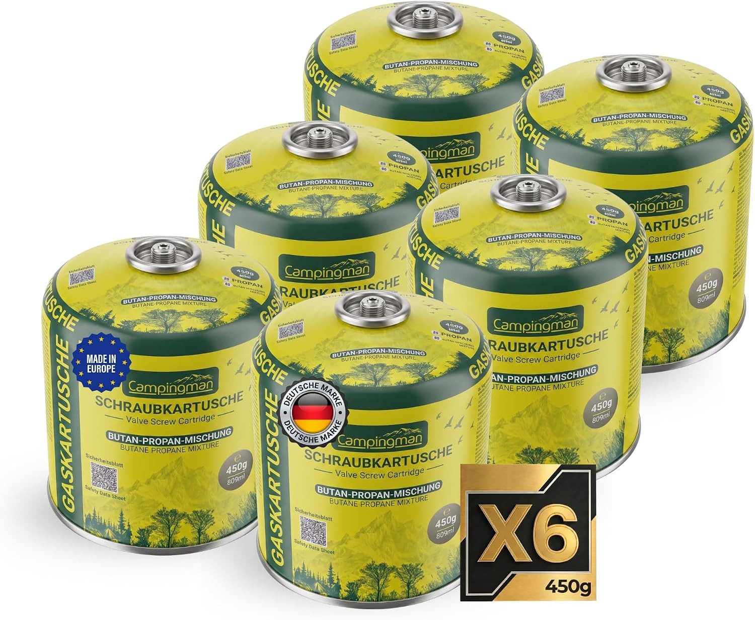 Campingman Gaskartusche 450g Butan-Propan Gas, Zubehör für Campingkocher, Weber Gasgrill, Camping & Outdoor, 6 St., EN417 Schraubkartusche mit Schraubventil