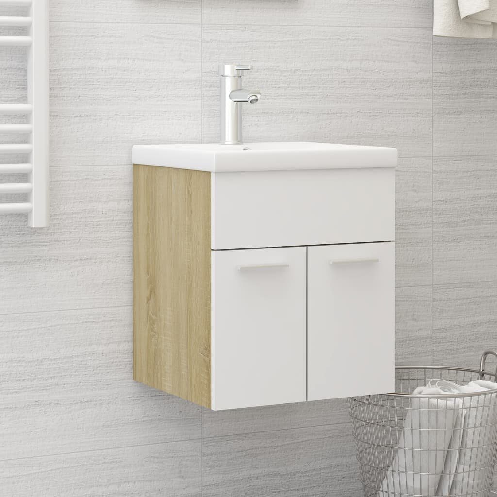 vidaXL Badezimmerspiegelschrank Waschbeckenunterschrank mit Einbaubecken Weiß und Sonoma-Eiche (1-St)