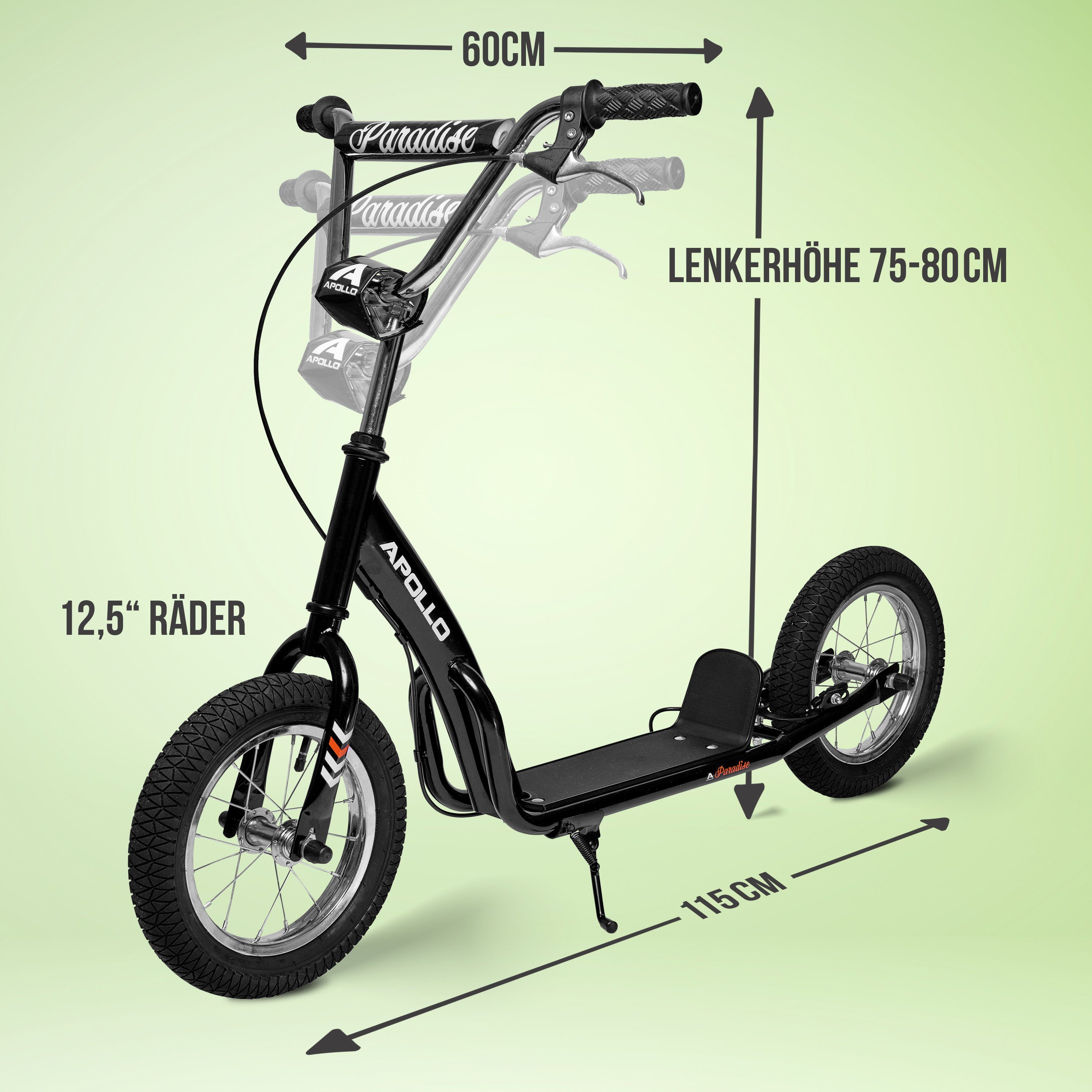 Apollo Scooter Retro Scooter Paradise City Roller mit 12,5 Zoll Luftreifen, Tretroller für Kinder und Jugendliche mit extra breiter Trittfläche