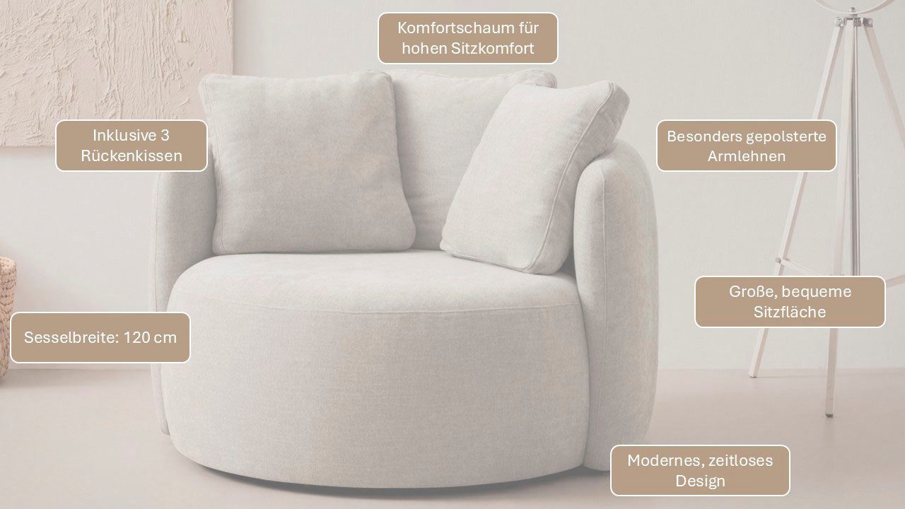 OTTO home Sessel Kaarl, moderner Rundsessel, Loungesessel, Loveseat, Webstoff, in fünf Farben, inkl. Rückenkissen, zeitloses Design