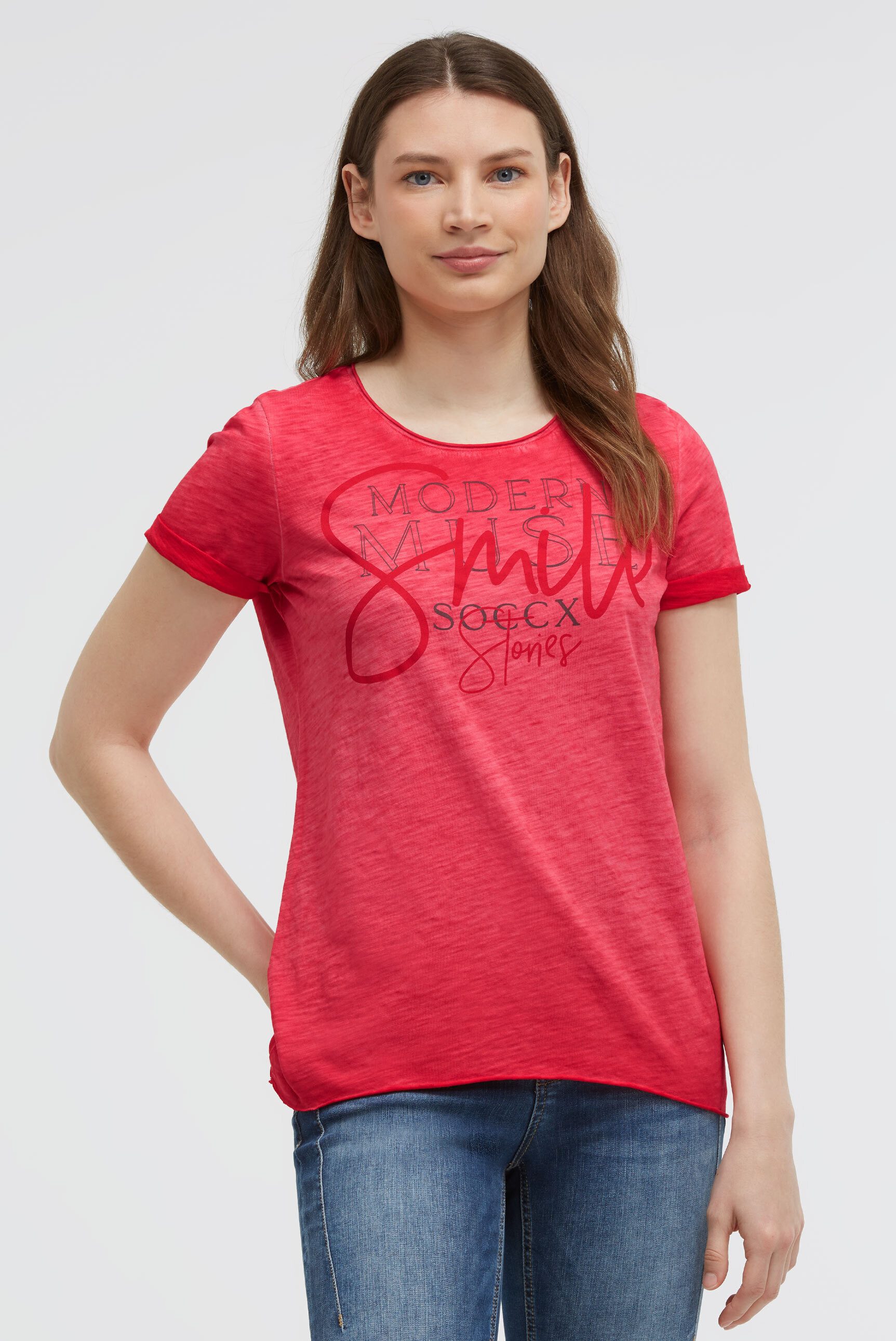 SOCCX Rundhalsshirt mit fixierten Turn-Up-Ärmeln