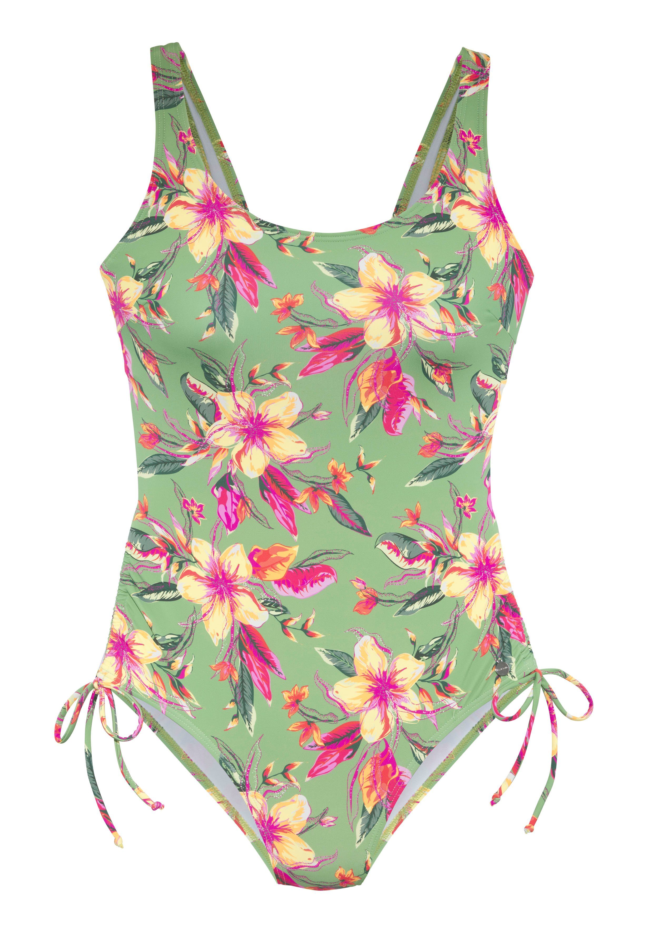 LASCANA Badeanzug Malia mit seitlicher Raffung und tropischem Print günstig online kaufen