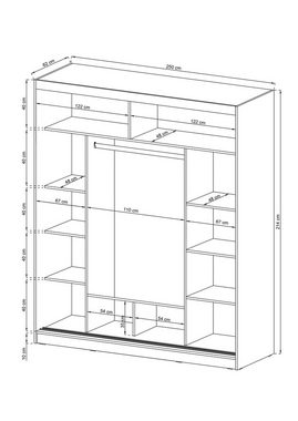 MOEBLO Kleiderschrank BORNEO I 250 (Wohnzimmerschrank 3-türig Schrank Gaderobe Schiebtüren, Schwebetürenschrank mit Einlegeböden und Kleiderstange) (BxHxT): 250x214x62cm