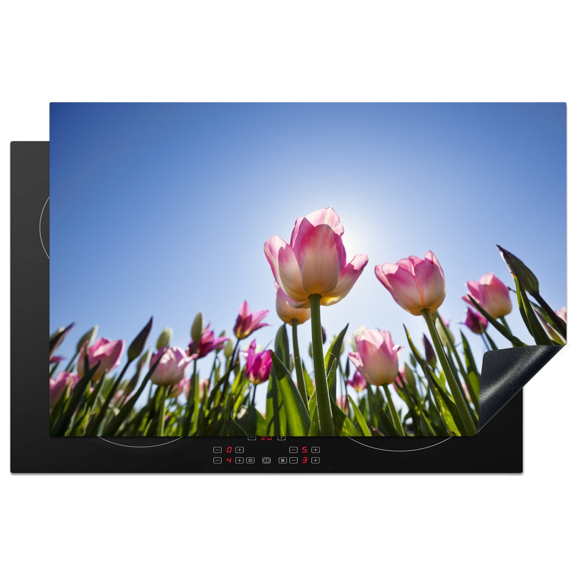 MuchoWow Herdblende-/Abdeckplatte Rosa Tulpen heben sich vom blauen Himmel ab, Vinyl, (1 tlg), 81x52 cm, Induktionskochfeld Schutz für die küche, Ceranfeldabdeckung