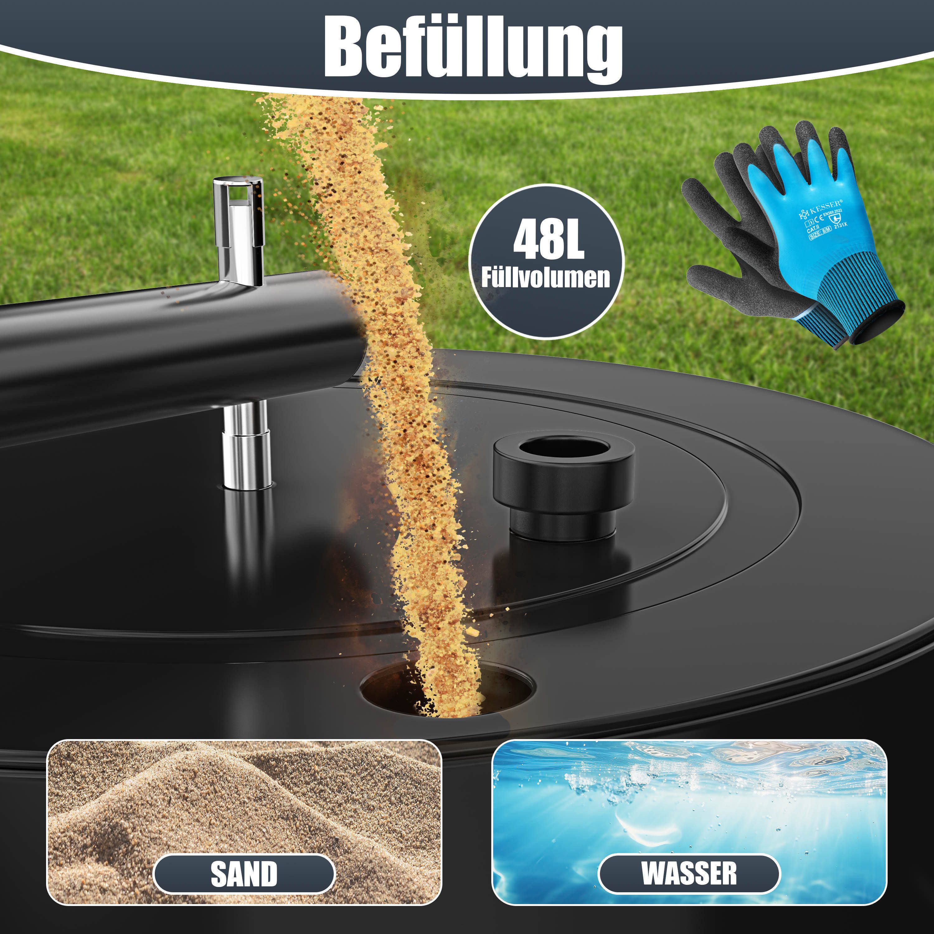 KESSER Rasenwalze Metall befüllbar mit Wasser oder Sand, Rasenroller inklusive Handschuhe,Gartenwalze mit 48 Liter Füllvolumen / 60 cm breit Handwalze