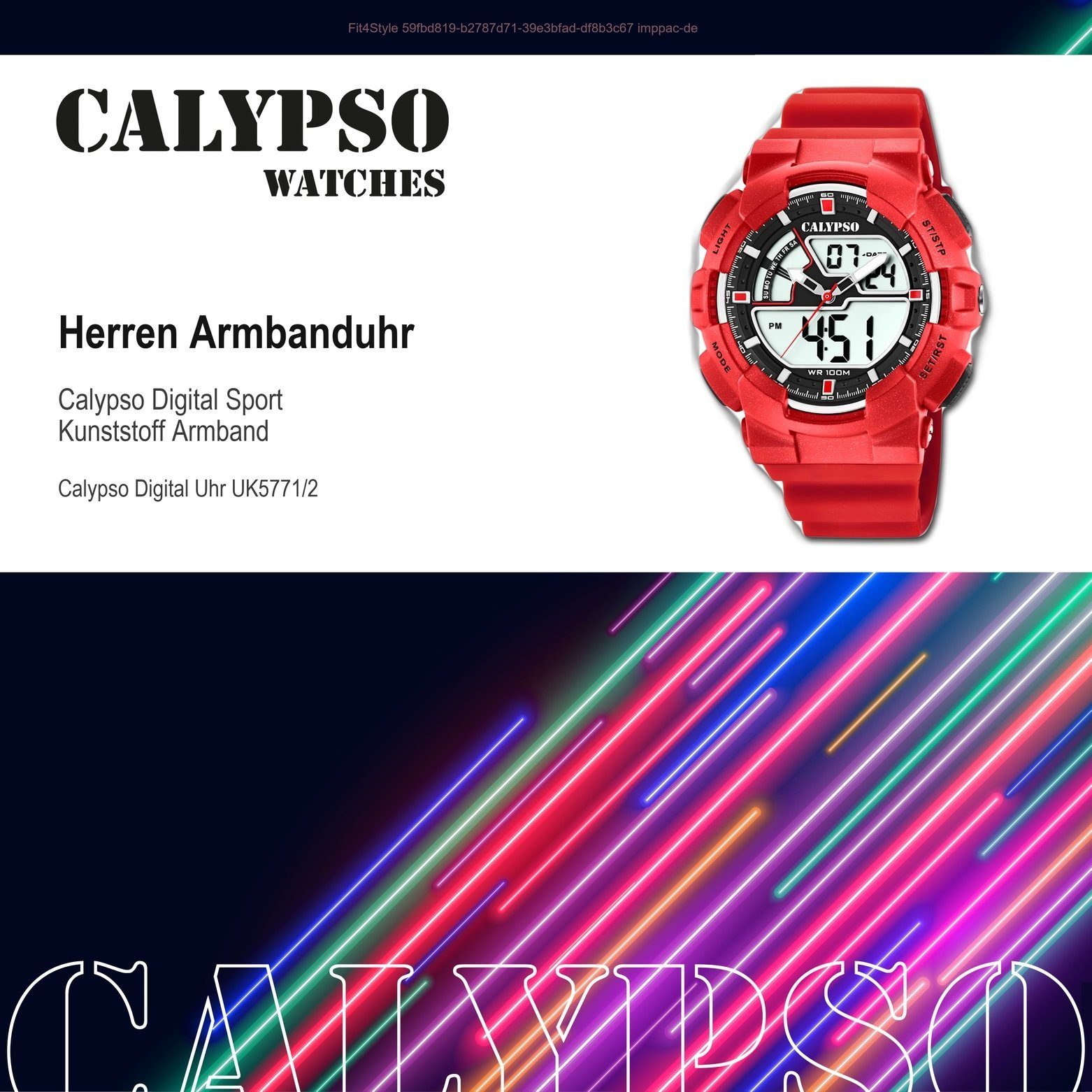 Sport Digitaluhr Calypso Herren PUarmband rot, WATCHES Herren Armbanduhr Kunststoff, K5771/2, rund, CALYPSO Uhr