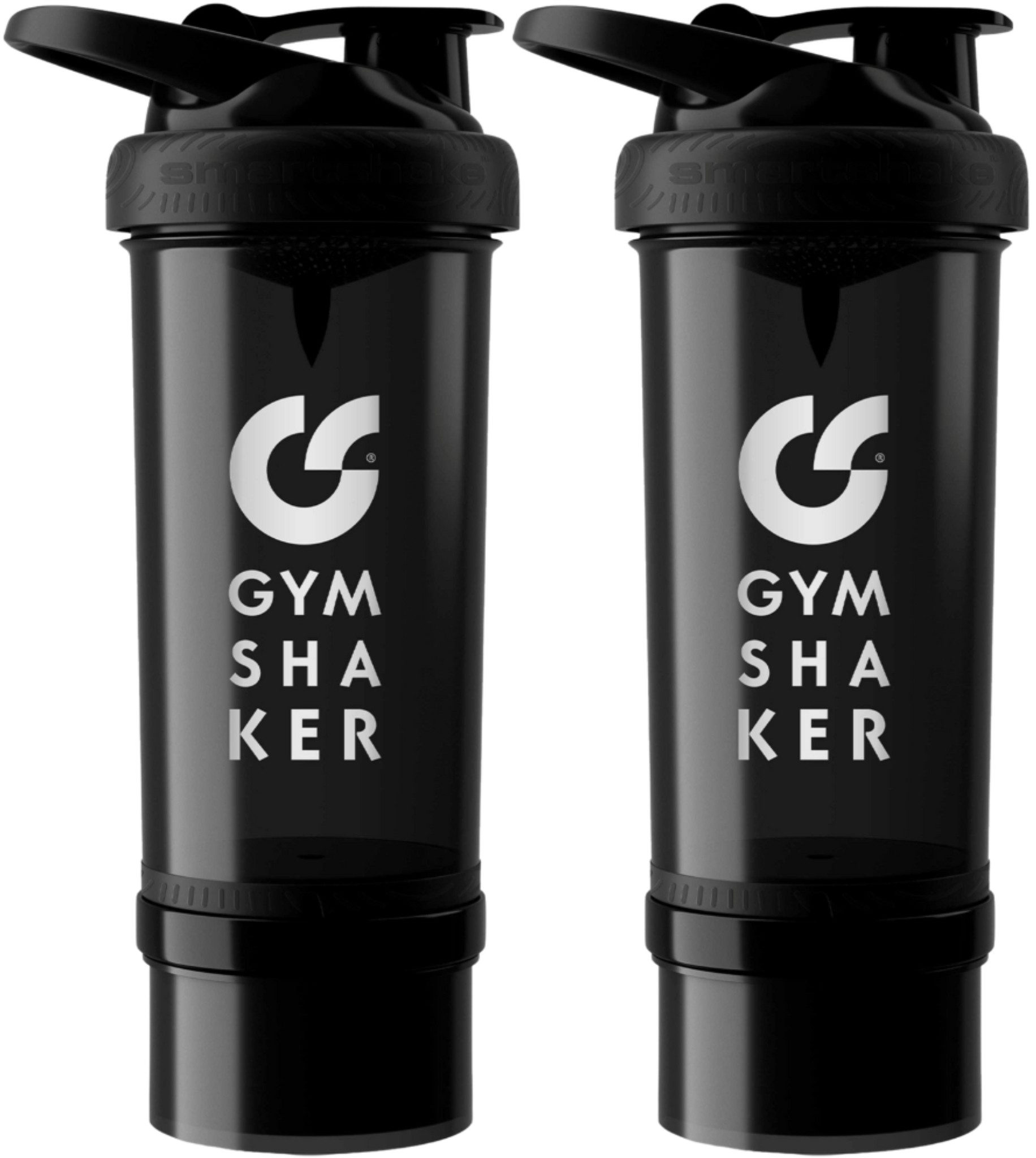 GYMSHAKER Protein Shaker mit Pulverfach 2er Pack Trinkflasche für Fitness, Gym & Bodybuilding, (2-tlg), spülmaschinengeeignet, auslaufsicher, separates Pulverfach mit Deckel