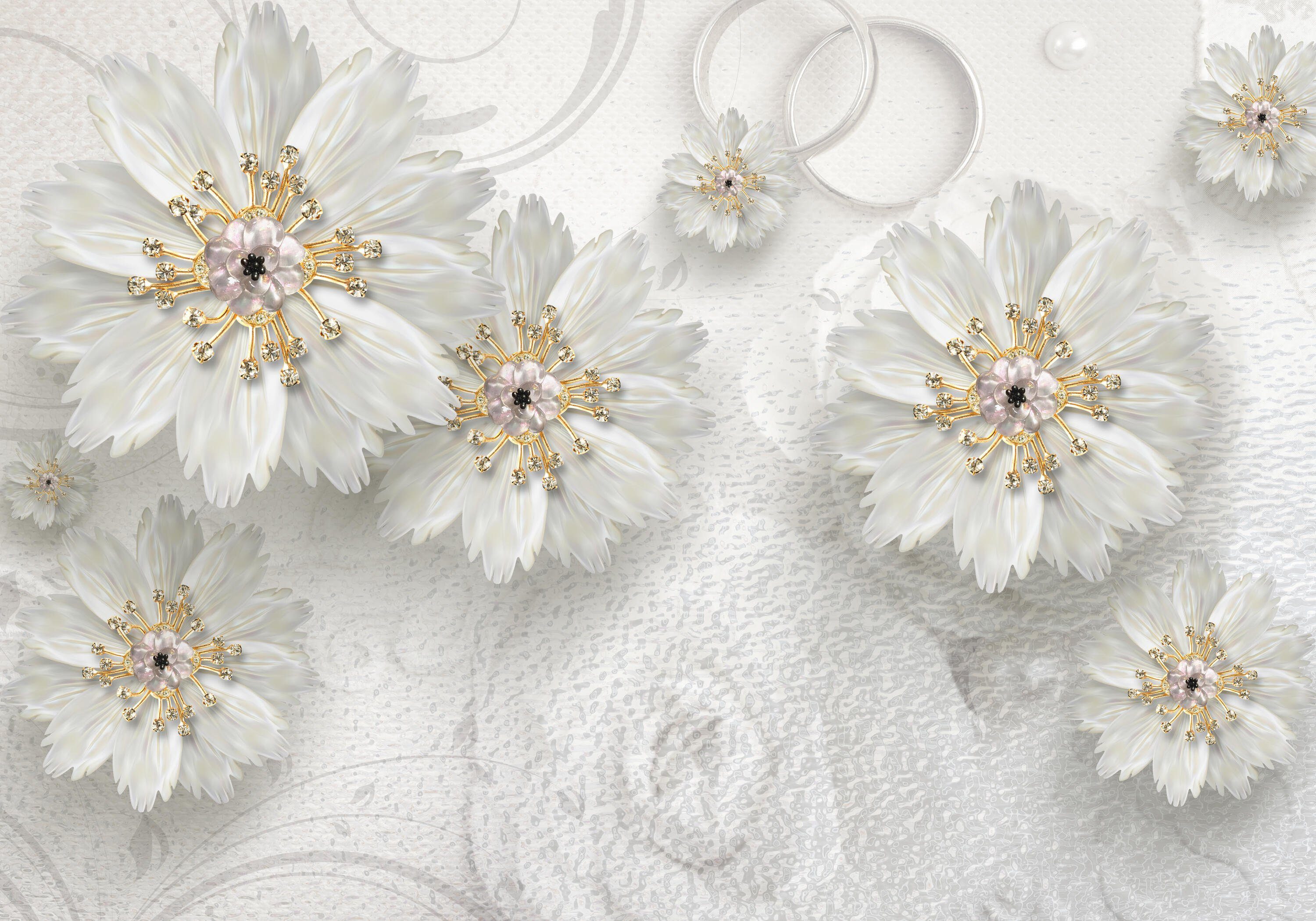 wandmotiv24 Fototapete weiße Blüten Ornamente 3D Effekt, glatt, Wandtapete, Motivtapete, matt, Vliestapete