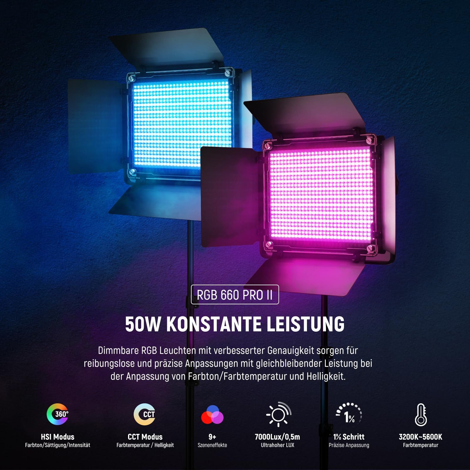 Neewer Videoleuchte RGB660 PRO II Upgraded RGB LED Studio Videolicht mit Stativ Stander, 50W, App Steuerung, dimmbares Panel Key Light für Streaming Fotografie
