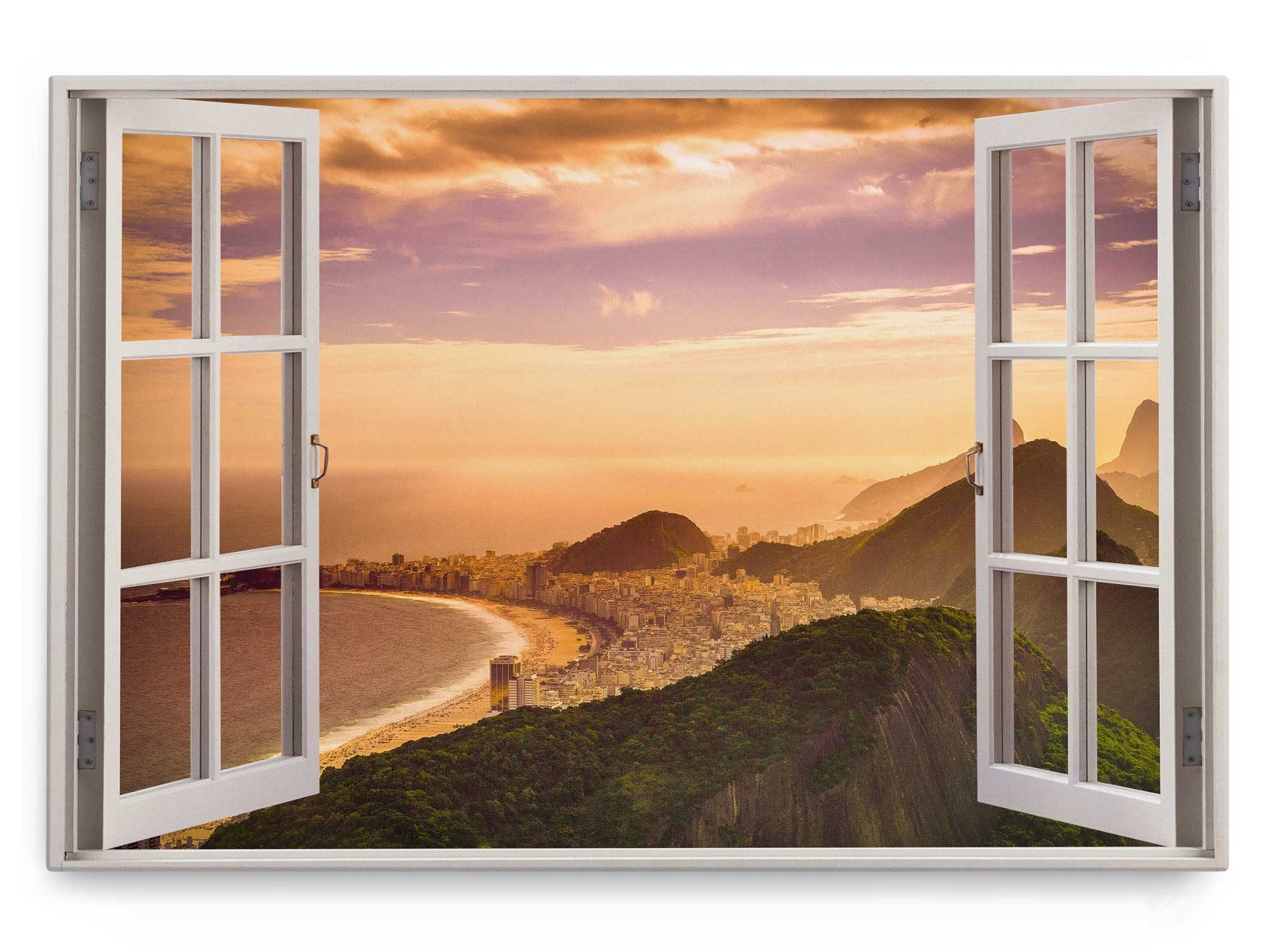 Sinus Art Leinwandbild Wandbild 120x80cm Fensterbild Brasilien Rio de Janeiro Abendrot Berge, (1 St)