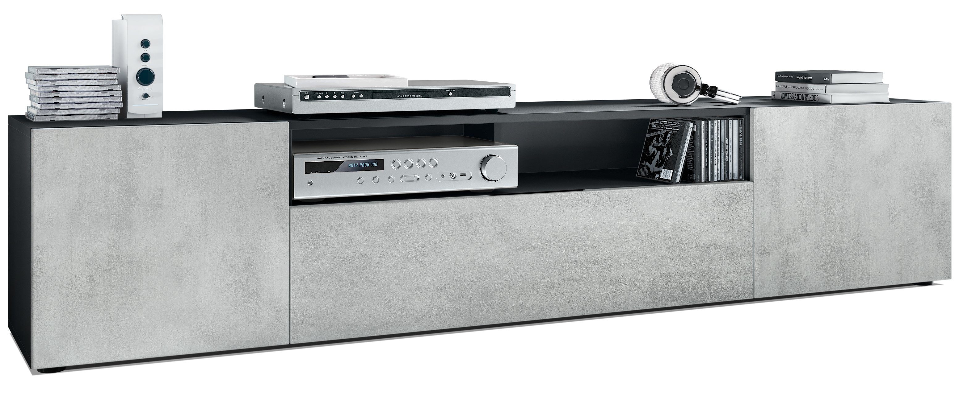 Vladon Lowboard Mogan (TV-Kommode, mit 2 Türen, 1 Klappe und 1 offenes Fach), Schwarz matt/ Beton Oxid-Optik (181 x 39 x 35 cm)