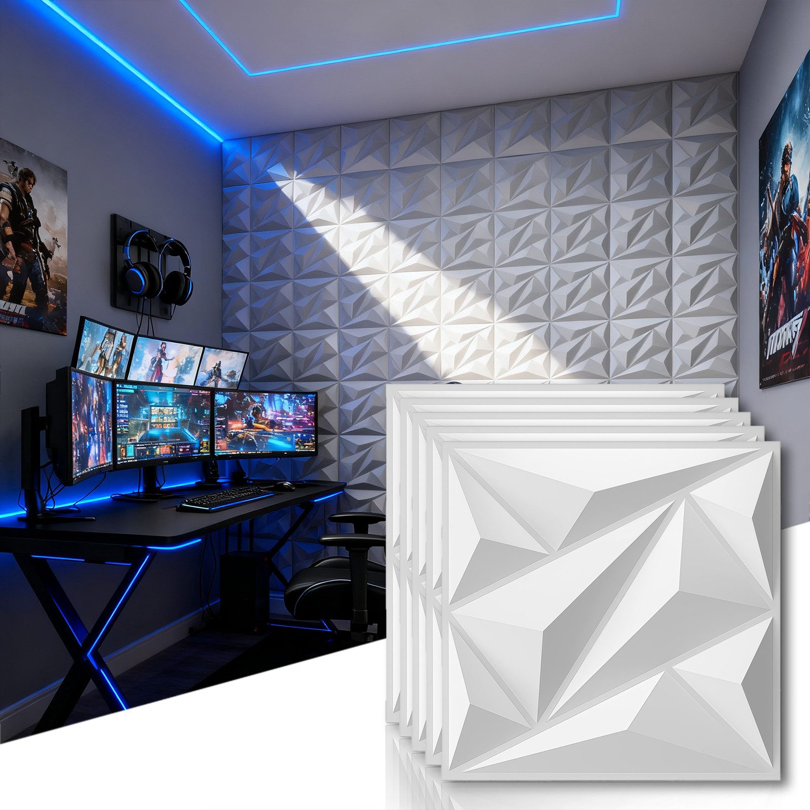 PFCTART 3D Wandpaneel 10 Stück 3D Wandpaneele Diamant Design – 50 × 50 cm PVC, 0,25 qm, (Leicht zu installieren – für Wohnzimmer, Büro, Studio & Deko-Wände) Wasserfest, hitzebeständig & formstabil – recycelbar & geruchsneutral