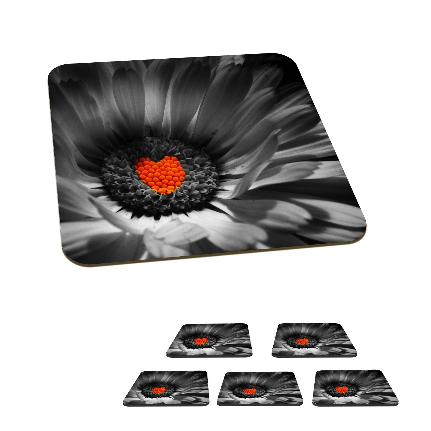 MuchoWow Glasuntersetzer Schwarz-Weiß-Foto einer Ringelblume mit einem roten Herz, Zubehör für Gläser, 6-tlg., Glasuntersetzer, Tischuntersetzer, Korkuntersetzer, Untersetzer, Tasse