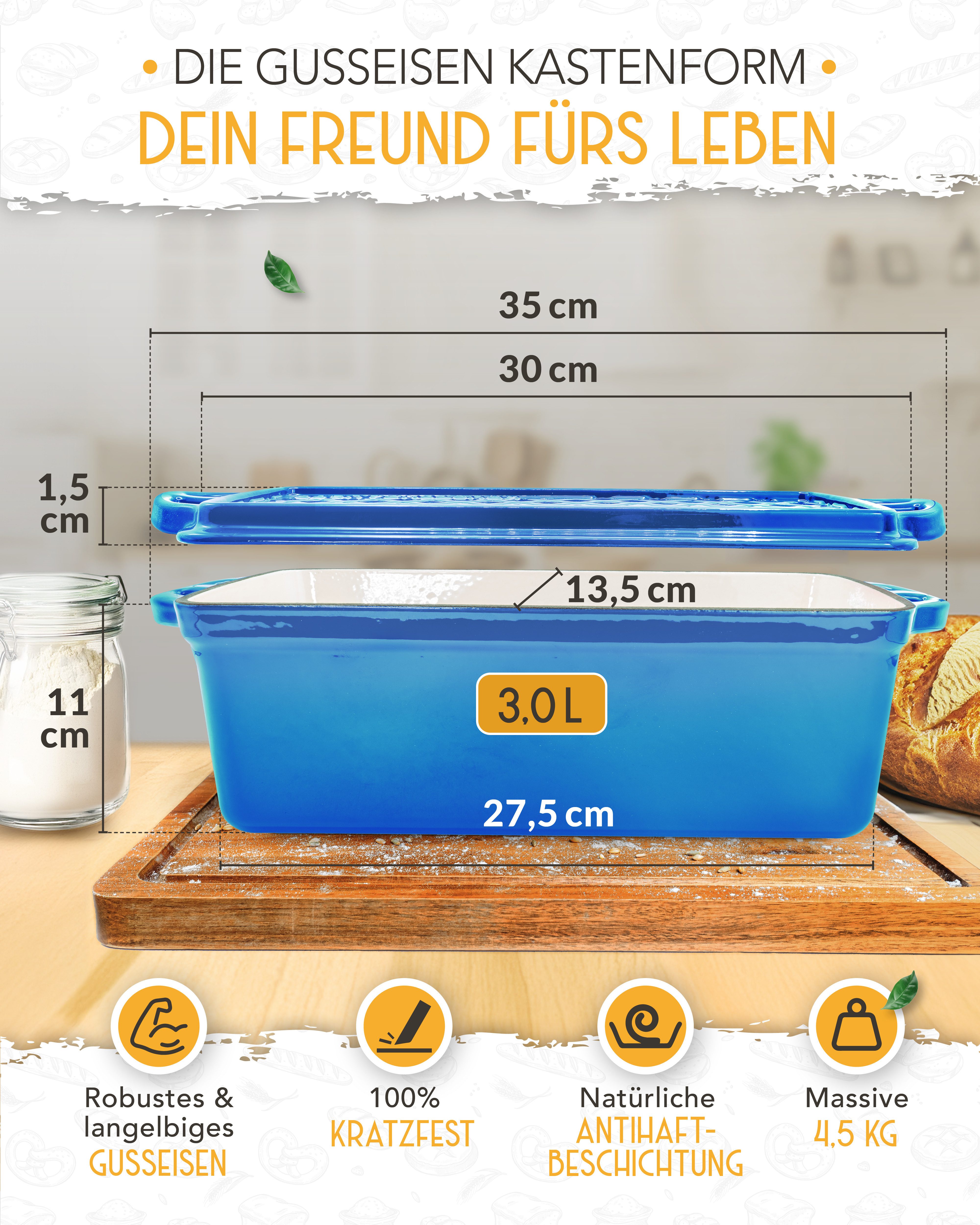 Krustenzauber Brotbackform Emaille Brotbackform 28cm mit Deckel im Komplettset, Kastenform Brot