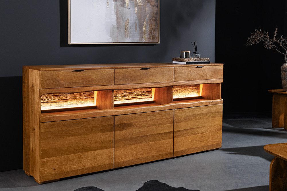 riess-ambiente Sideboard GRAND 180cm braun - Mango-Massivholz, LED-Beleuchtung, Schubladen (Einzelartikel, 1 St), mit viel Stauraum hinter den Türen – ideal für Wohnzimmer & Esszimmer