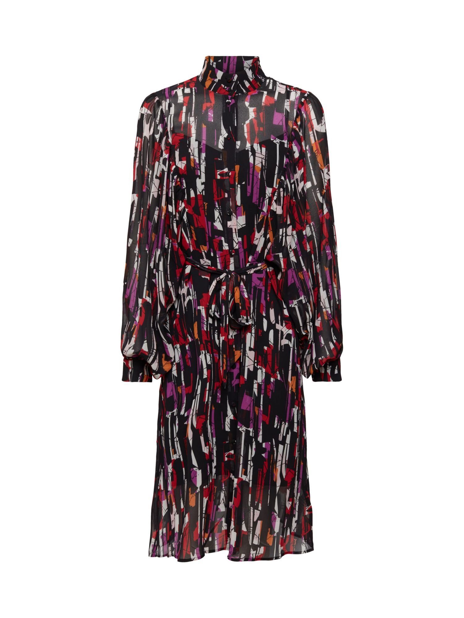 Esprit Collection Midikleid Gemustertes Chiffon-Kleid mit Bindegürtel NEW BLACK