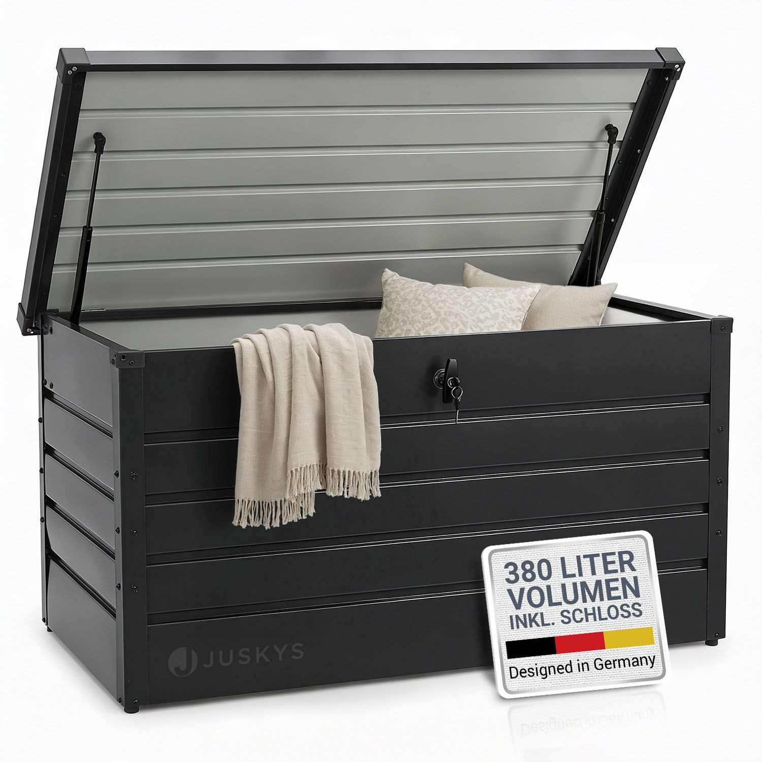 Juskys Gartenbox Limani, einfacher Aufbau, zeitlose Optik, Hubautomatik-Deckel, Garten Schachtel