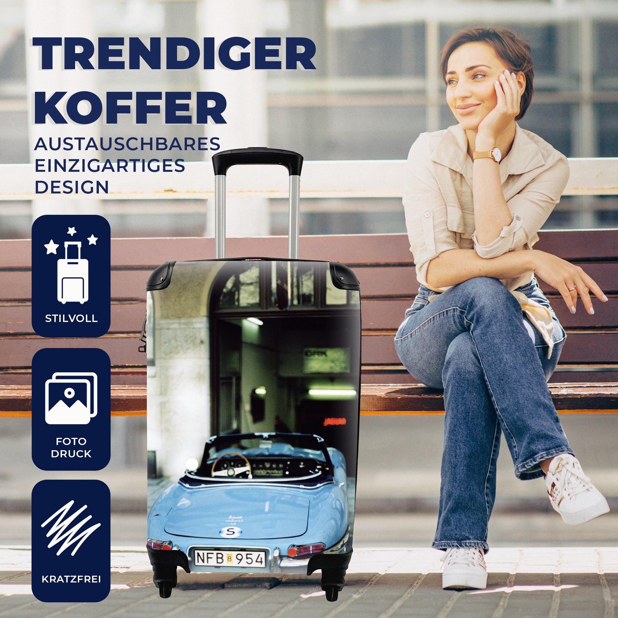 - Auto Oldtimer Reisetasche Rollen, - mit - Handgepäckkoffer Trolley, rollen, Reisekoffer Blau, Ferien, MuchoWow Cabrio 4 Handgepäck für