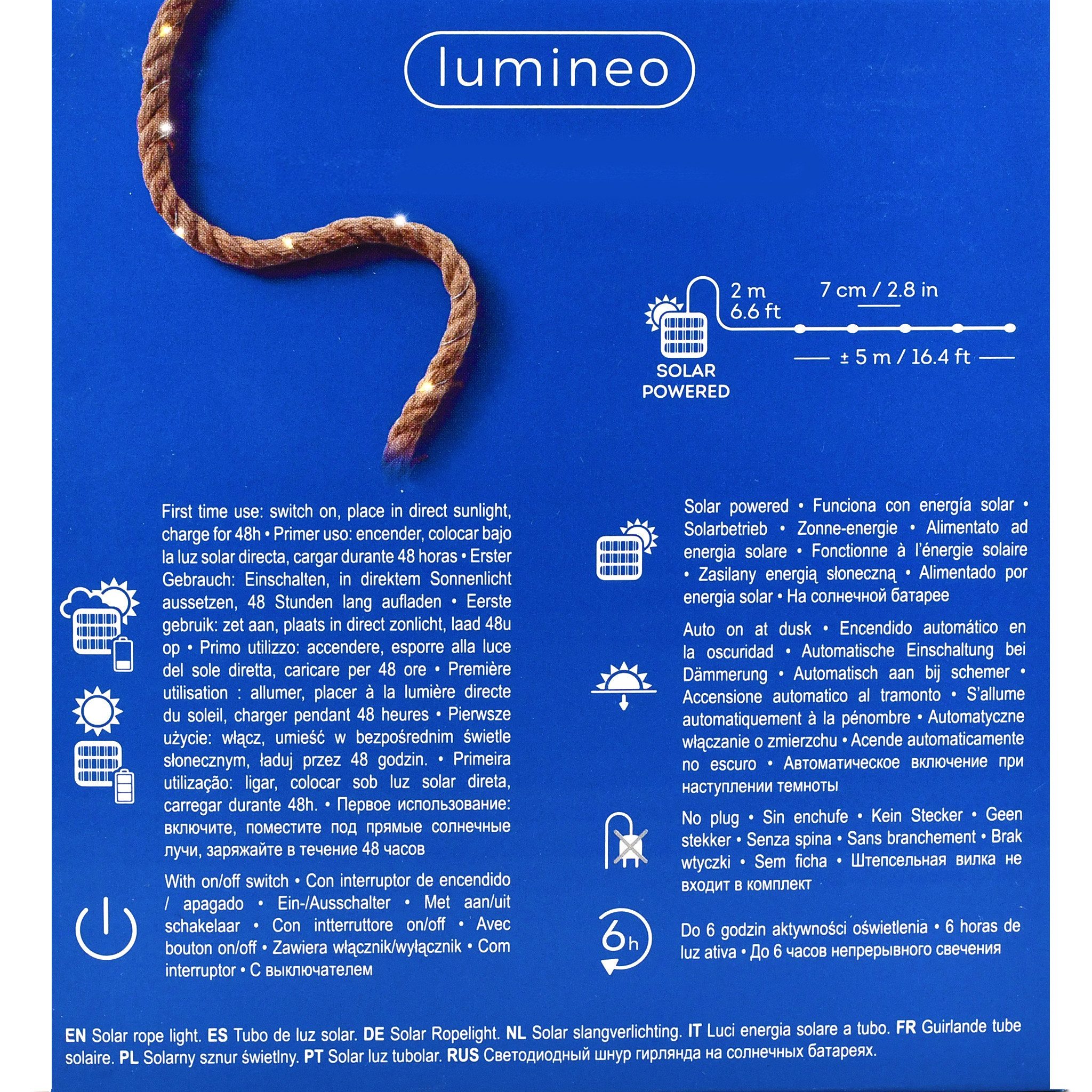 Lumineo LED Solarleuchte, Dauerlicht, warmweiß, LED Solar Seil Lichterkette 5m Jute Kunststoff Warmweiß