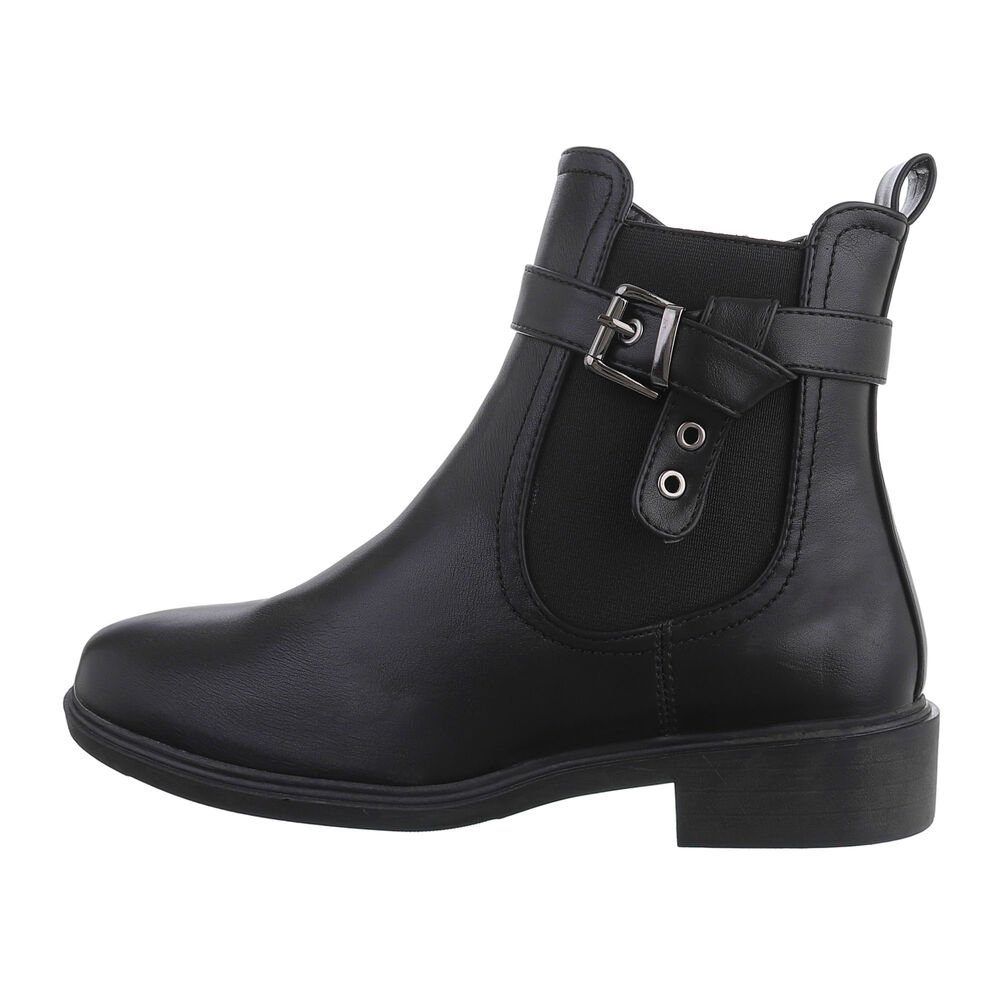 Ital-Design Damen Freizeit Chelseaboots Blockabsatz Flache Stiefeletten in Schwarz