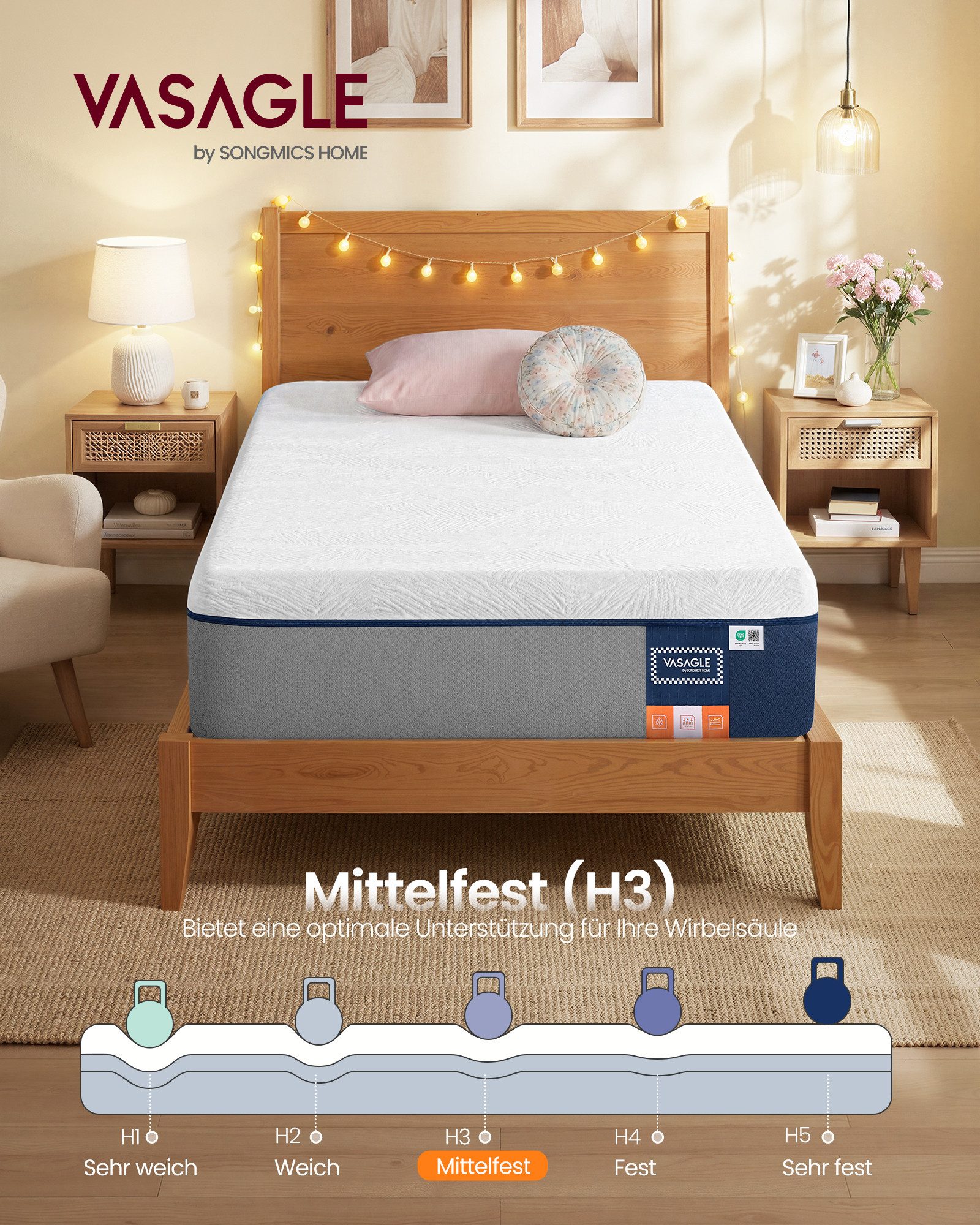 Kaltschaummatratze Gel-Memory-Schaumstoff, VASAGLE, 25 cm hoch, mittelfest, H3, 7-Zonen-Unterstützung, atmungsaktiv, Abnehmbarer