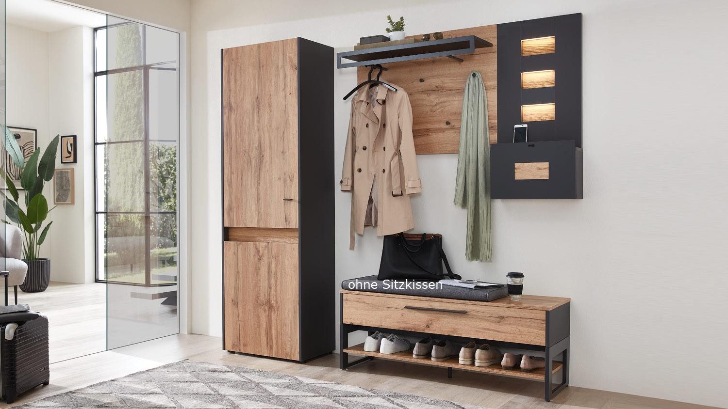 Lifestyle for Home Garderoben-Set Garderobe LIGHT LINE 10 Eiche Votan Schiefer Set 4-teilig