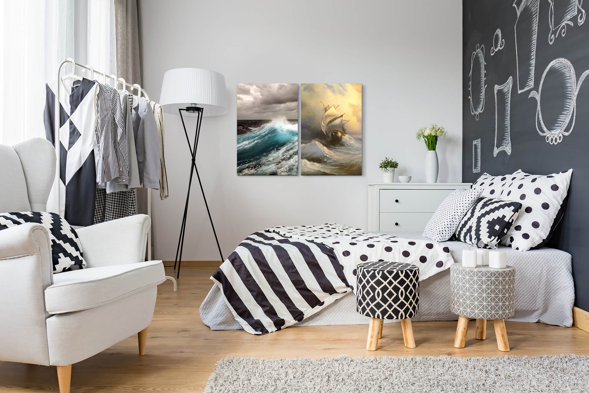 Sinus Art Leinwandbild 2 Bilder je 60x90cm Sturm wilde See altes Segelschiff Ozean Wellen Naturgewalt Kraftvoll